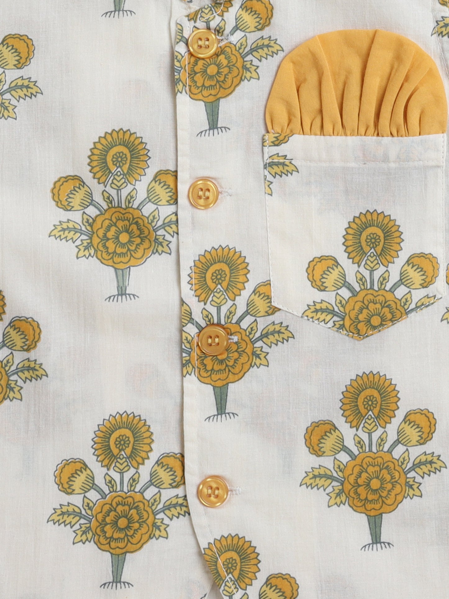 Cotton Full Sleeves Floral Printed Kurta Pyjama With Jacket Set - Yellow