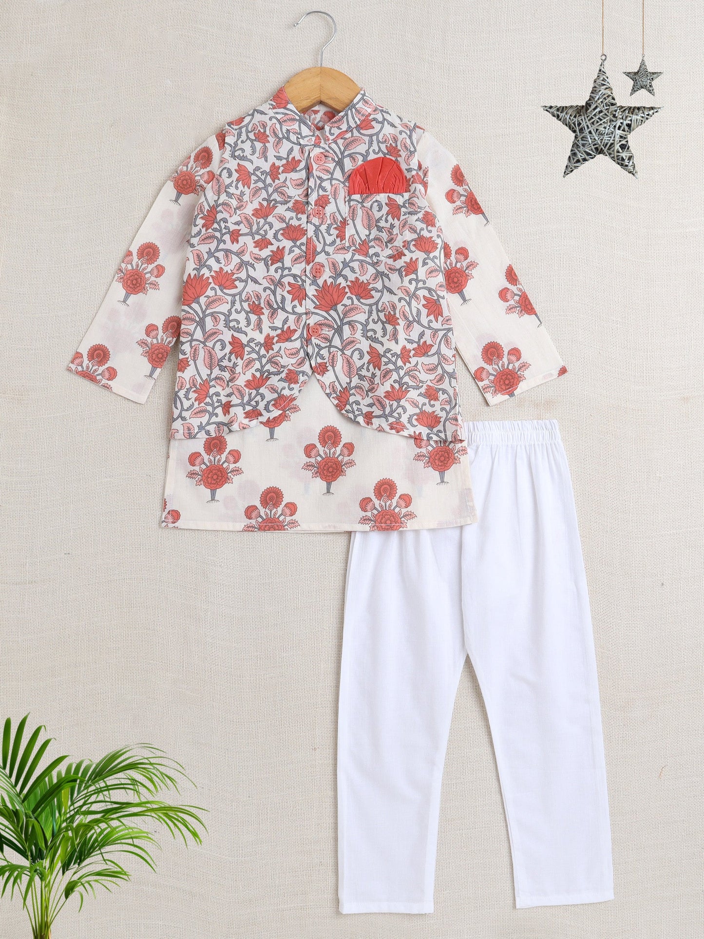Cotton Full Sleeves Floral Printed Kurta Pyjama With Jacket Set - Coral