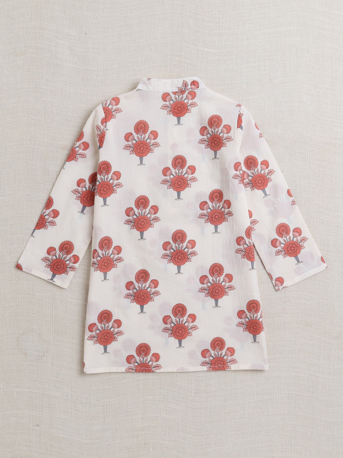 Cotton Full Sleeves Floral Printed Kurta Pyjama With Jacket Set - Coral
