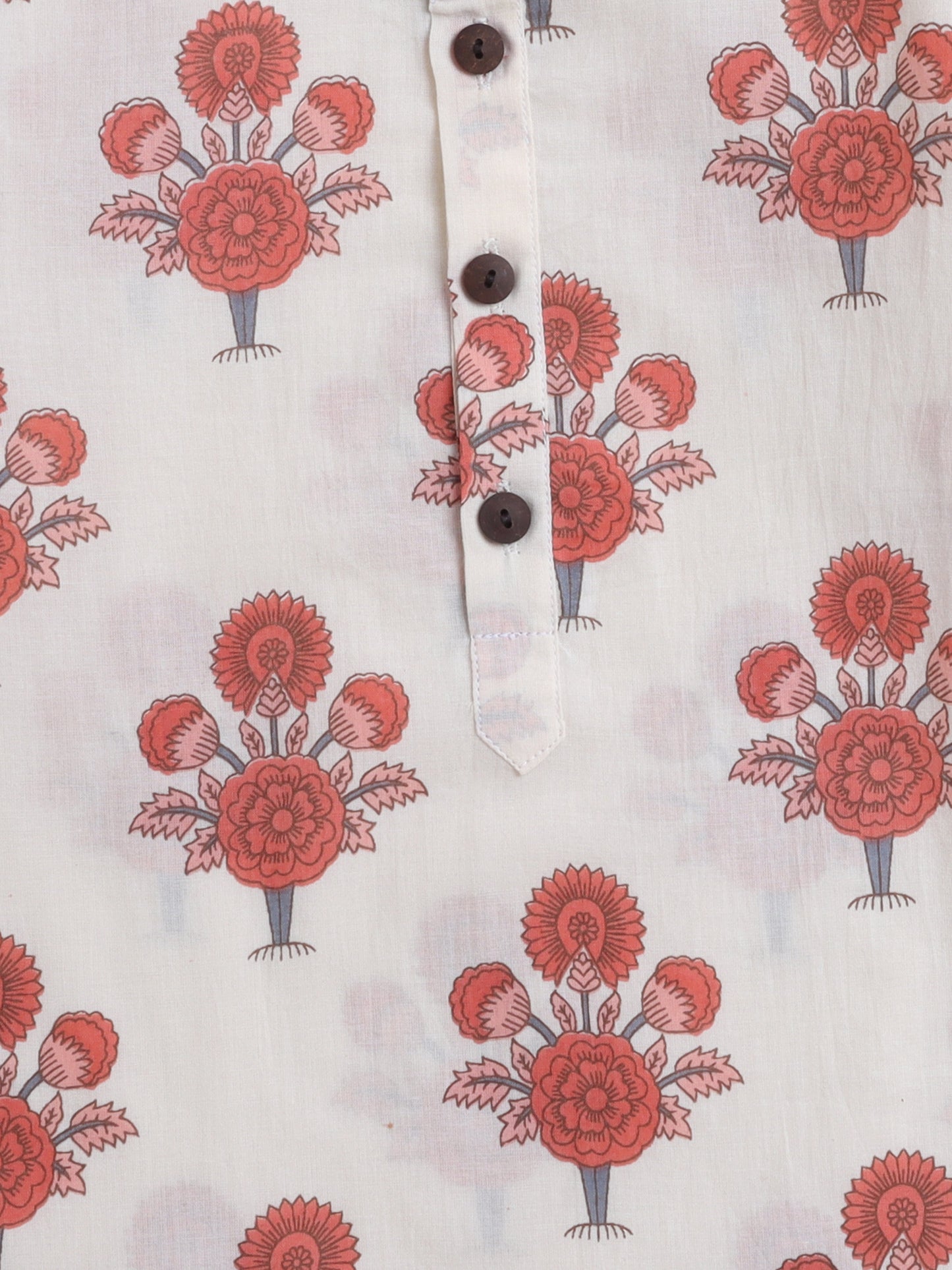 Cotton Full Sleeves Floral Printed Kurta Pyjama With Jacket Set - Coral