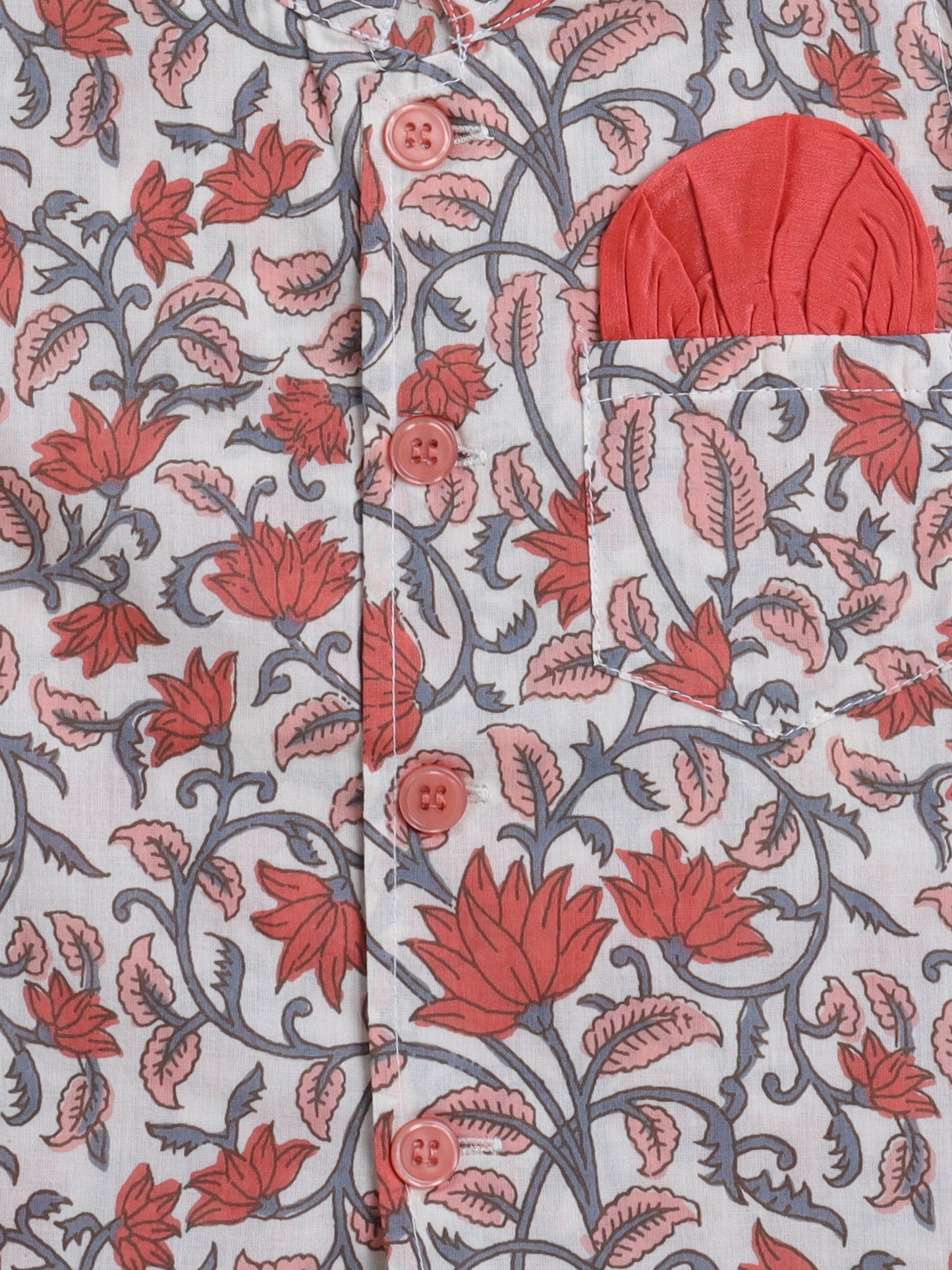 Cotton Full Sleeves Floral Printed Kurta Pyjama With Jacket Set - Coral