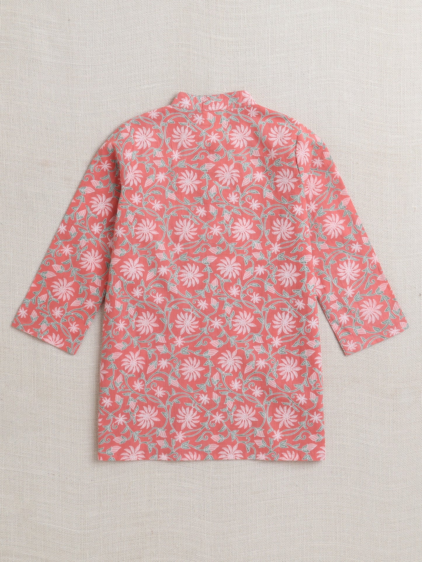 Full Sleeves Floral Printed Kurta Pyjama With Jacket Set - Peach