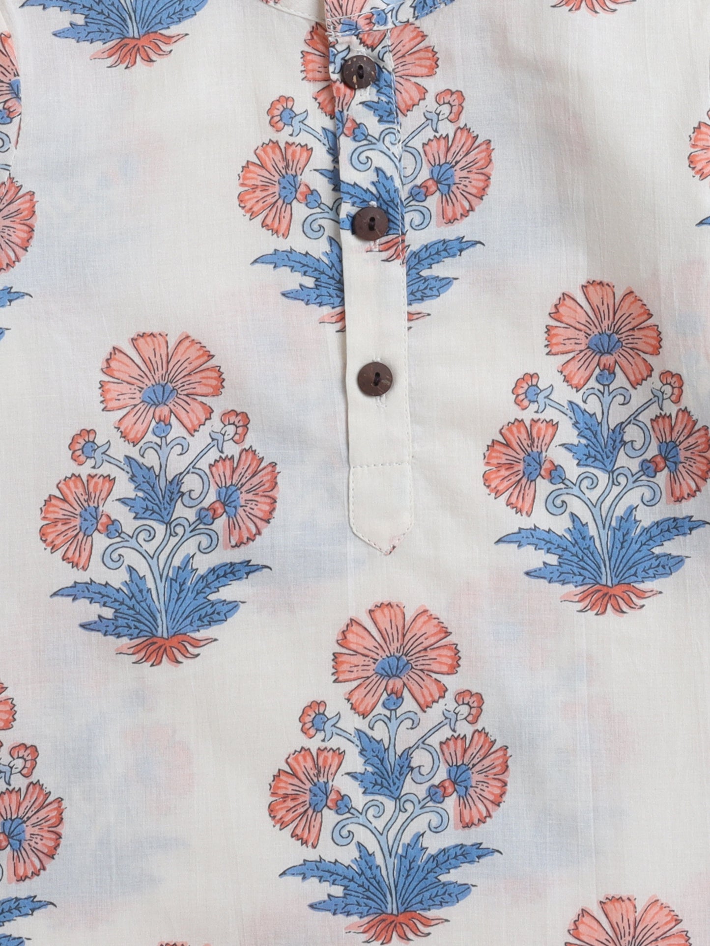Cotton Full Sleeves Floral Printed Kurta Pyjama With Jacket Set - Blue & White