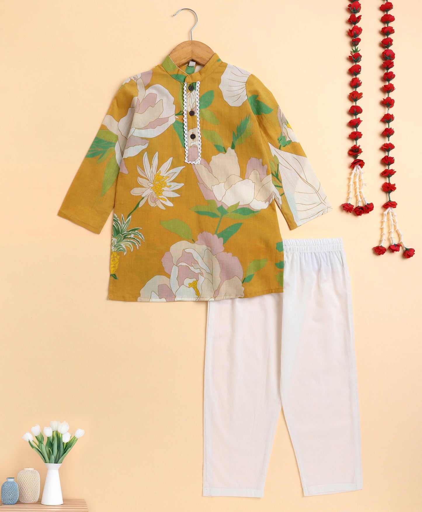The Magic Wand Cambric Cotton woven Full Sleeves Big Floral Lace Detail Kurta Pyjama Set - Mustard