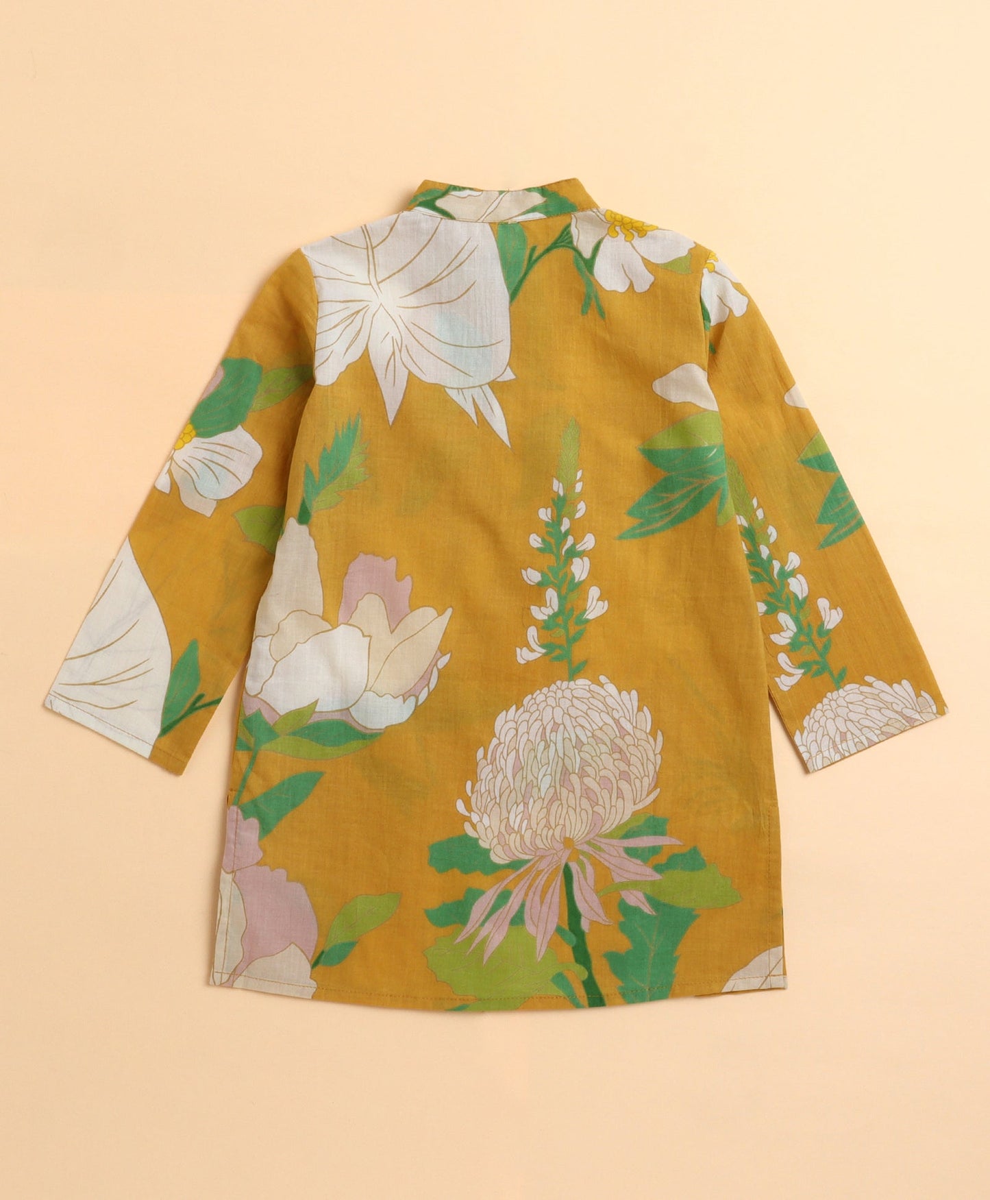The Magic Wand Cambric Cotton woven Full Sleeves Big Floral Lace Detail Kurta Pyjama Set - Mustard
