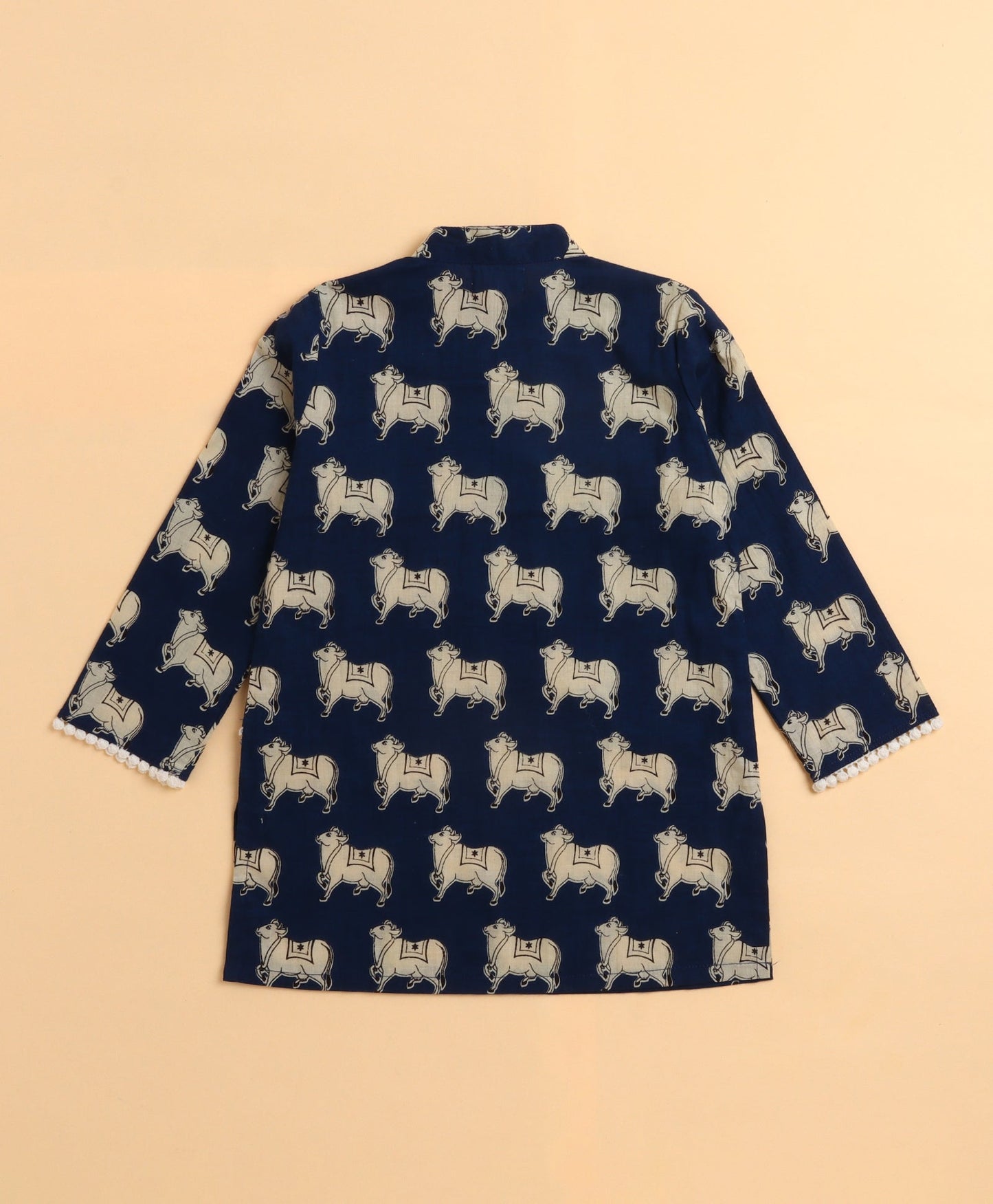 The Magic Wand Cambric Cotton Full Sleeves Cow Printed Attached Jacket Kurta and Pyjama Set- Navy Blue