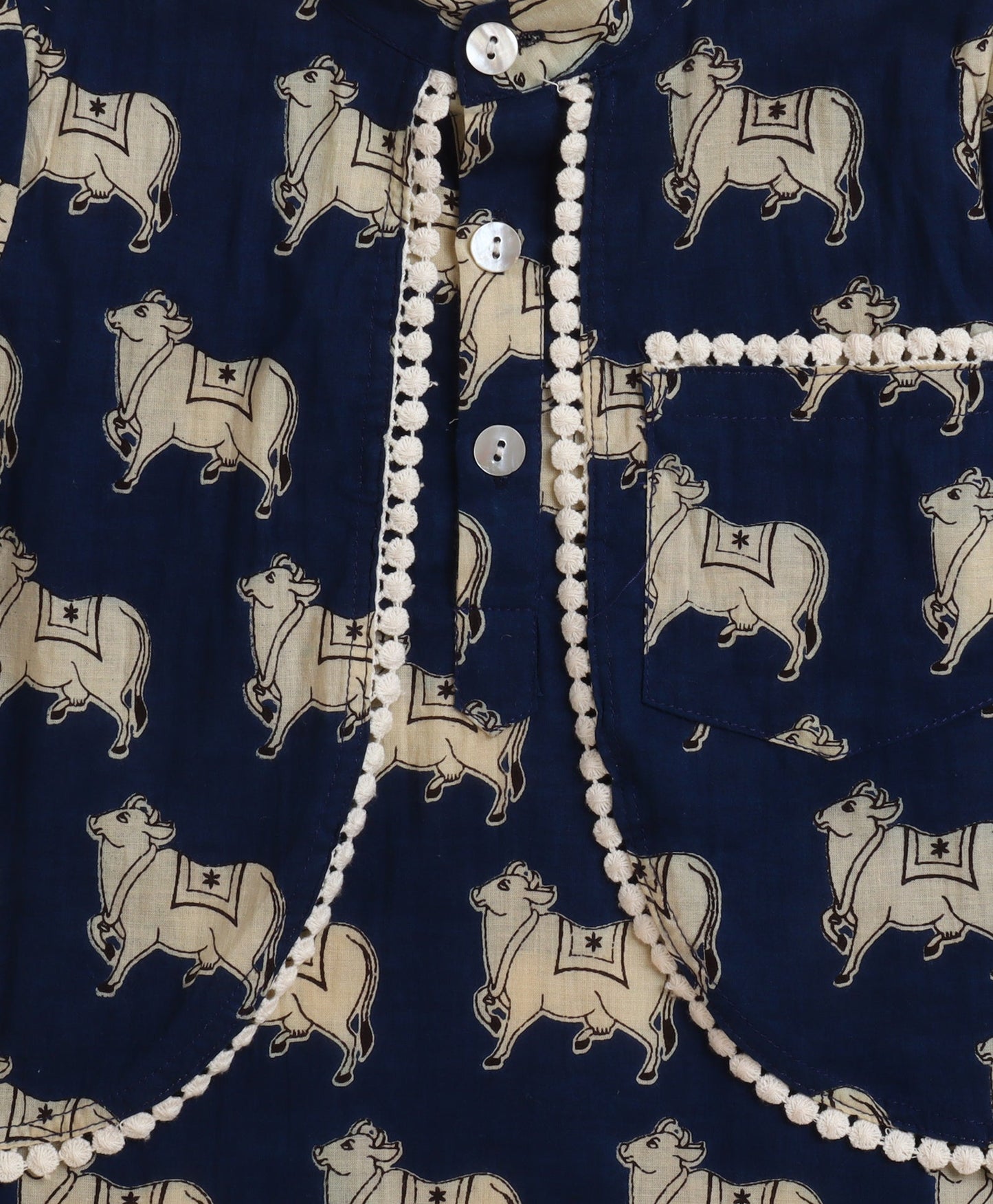 The Magic Wand Cambric Cotton Full Sleeves Cow Printed Attached Jacket Kurta and Pyjama Set- Navy Blue