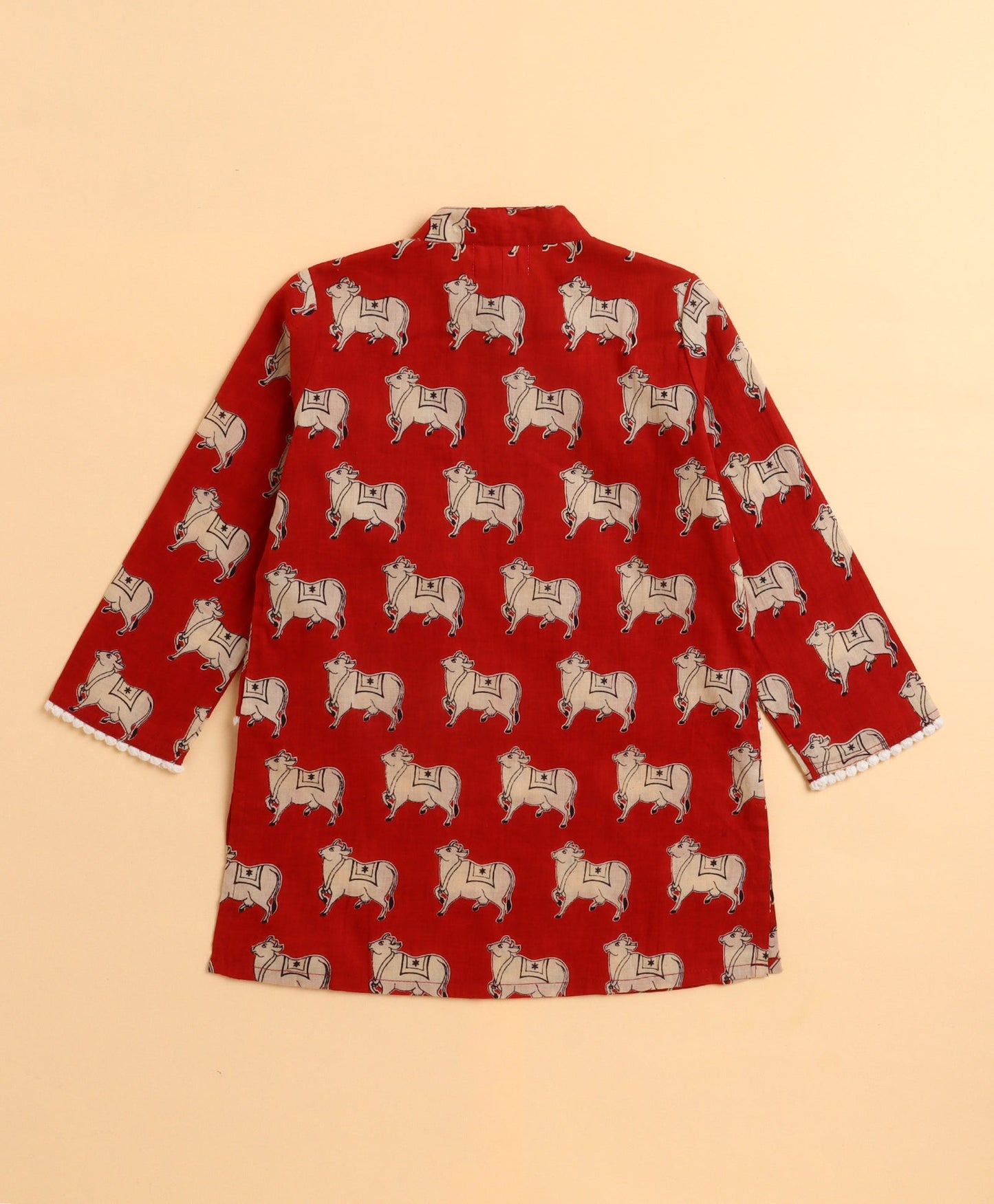 The Magic Wand Cambric Cotton Full Sleeves Cow Printed Attached Jacket Kurta and Pyjama Set- Red