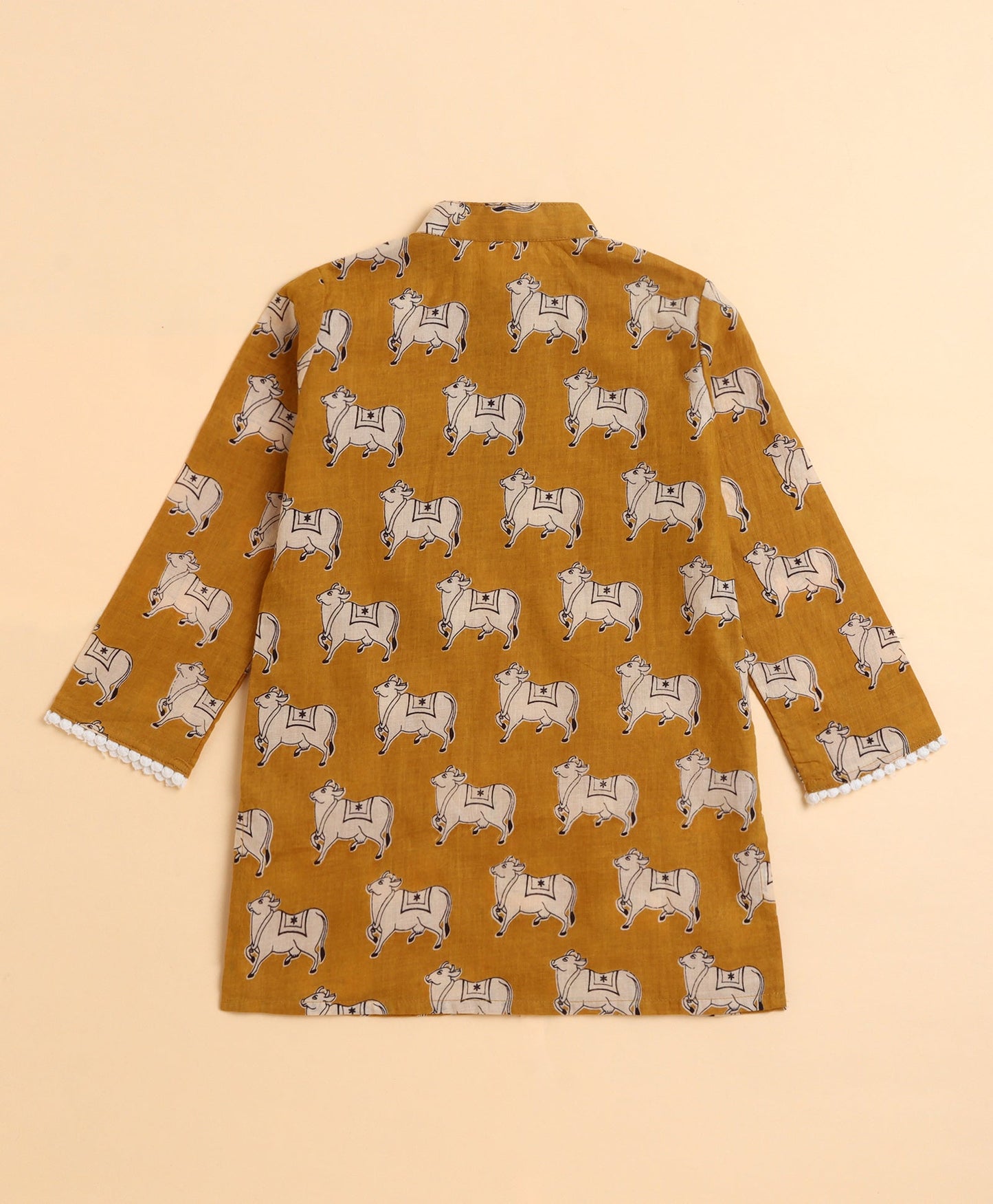 The Magic Wand Cambric Cotton Full Sleeves Cow Printed Attached Jacket Kurta and Pyjama Set- Mustard