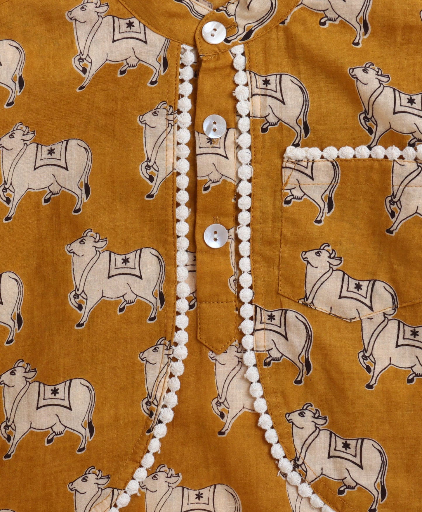 The Magic Wand Cambric Cotton Full Sleeves Cow Printed Attached Jacket Kurta and Pyjama Set- Mustard