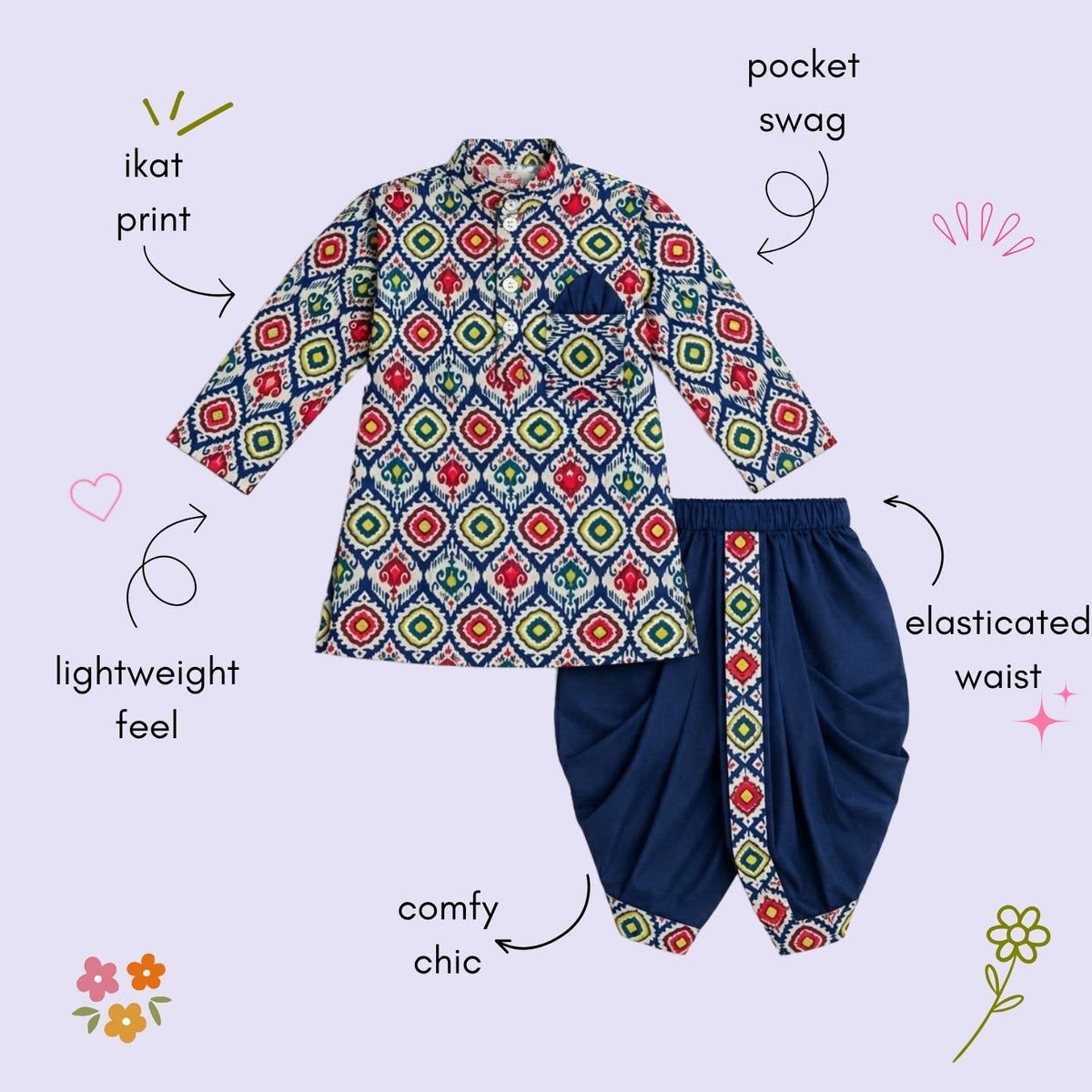 The Magic Wand Woven Full Sleeves Ikat Geomteric Print Kurta And Dhoti Set - Navy Blue