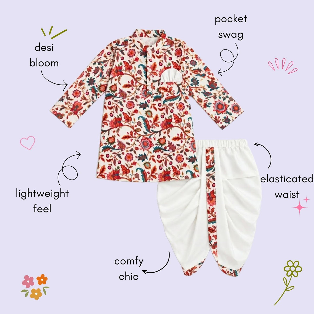 The Magic Wand Woven Full Sleeves Kalamkari Inspired Floral Printed Kurta And Dhoti Set - Off White