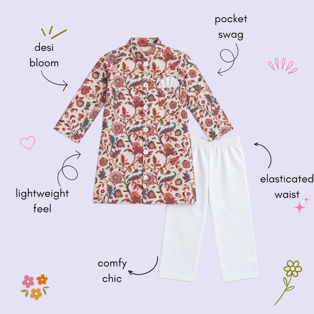 The Magic Wand Woven Full Sleeves Floral Printed Bandgala Kurta And Pant Set - Off White