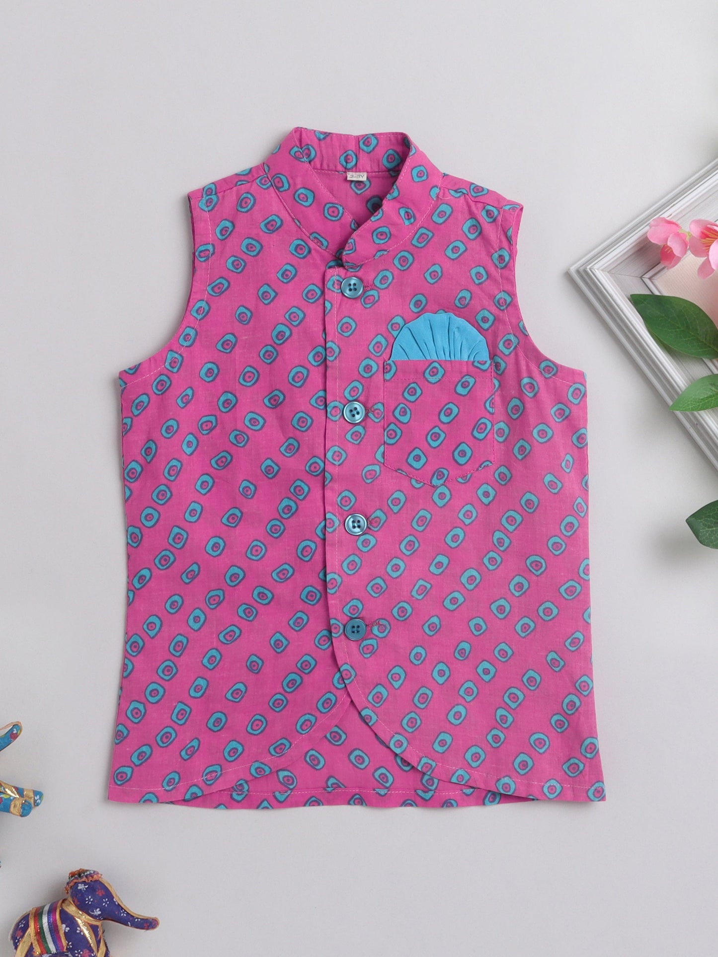 The Magic Wand Bandhani Printed Mandarin Collar Modi Jacket For Boys Pink