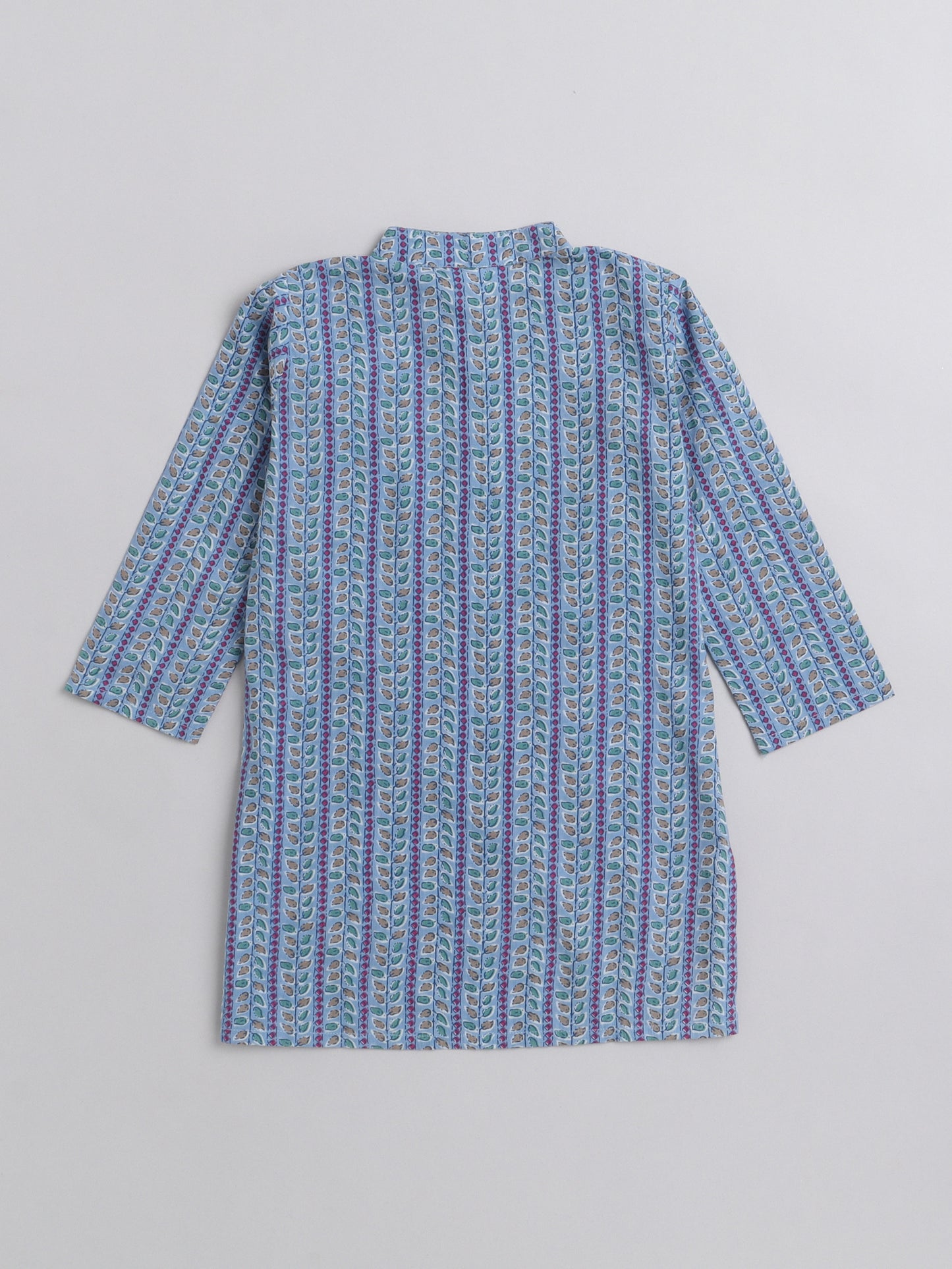 Floral Printed Mandarin Collar Full Sleeves Kurta Pant Set For Boys-Blue
