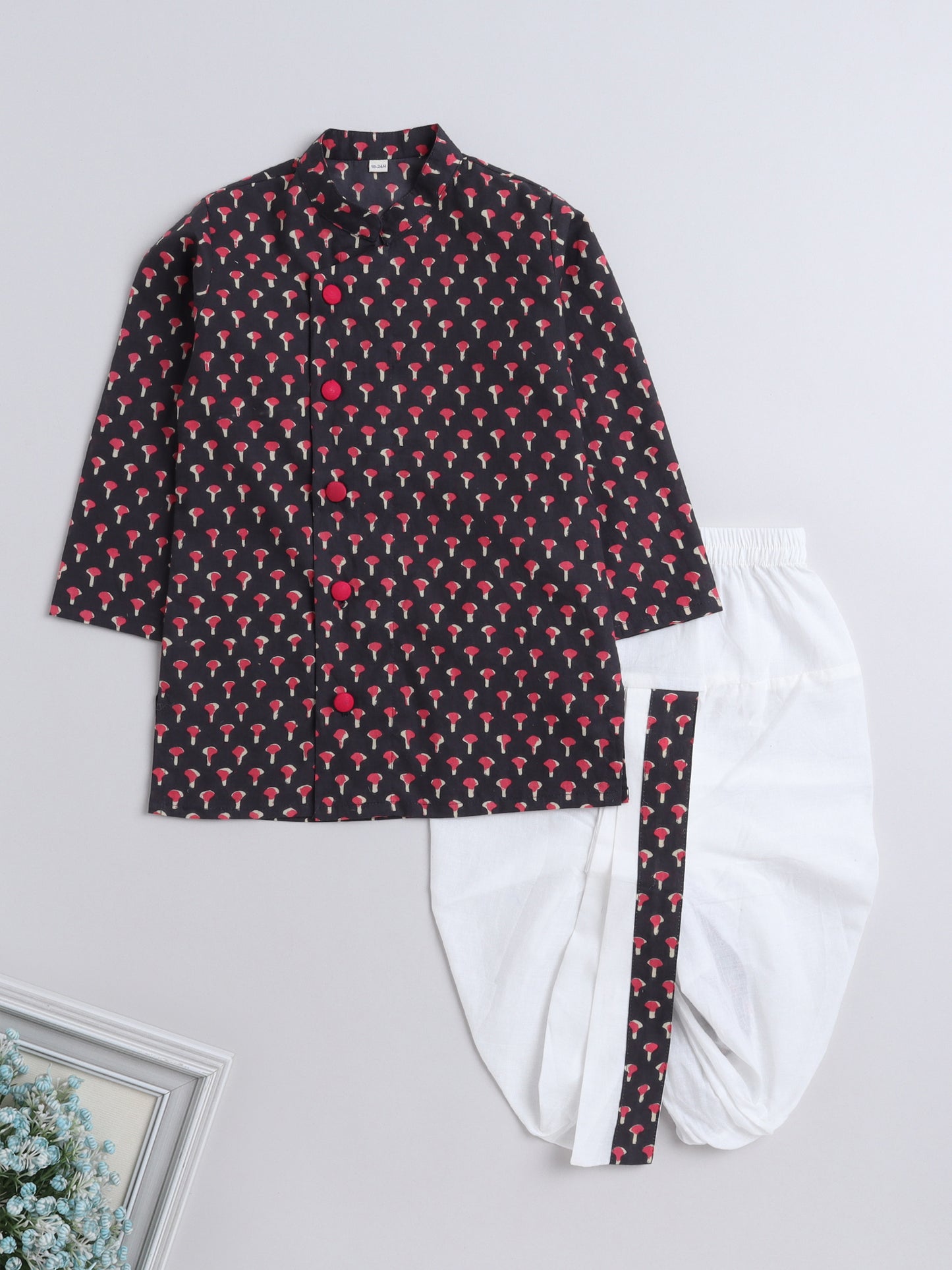 Full Sleeve Floral Printed Kurta Dhoti Set For Boys-Grey