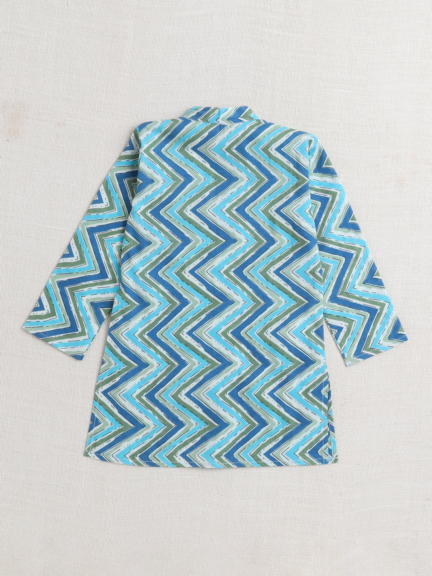 Zig Zag Printed Mandarin Collar Full Sleeves Kurta And Pant Set With Jacket-Blue