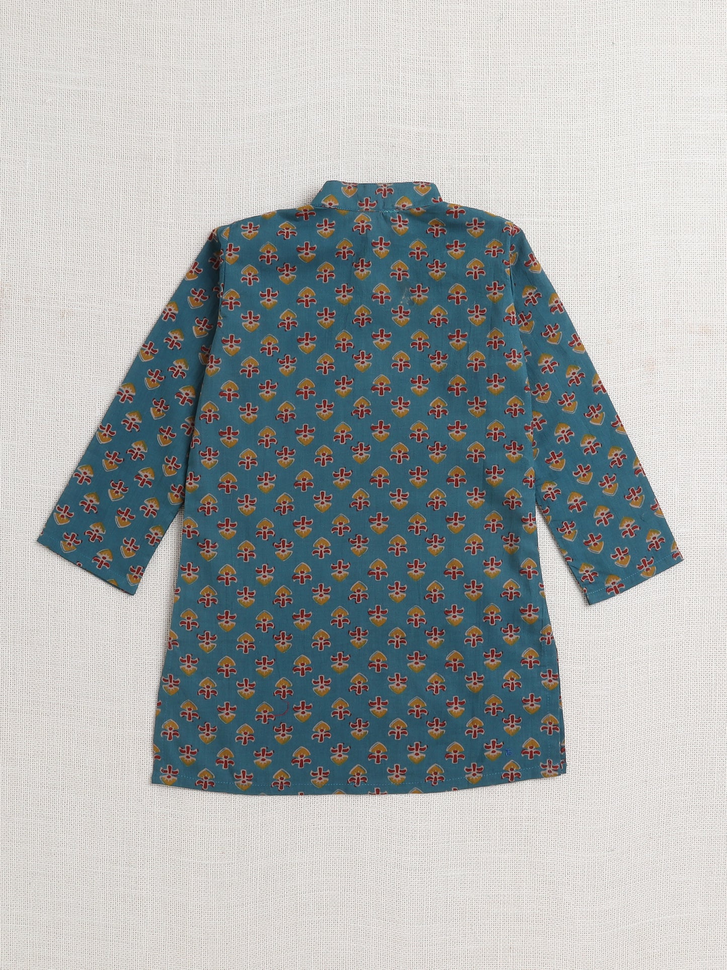 Floral Printed Mandarin Collar Full Sleeves Kurta And Pant Set-Teal