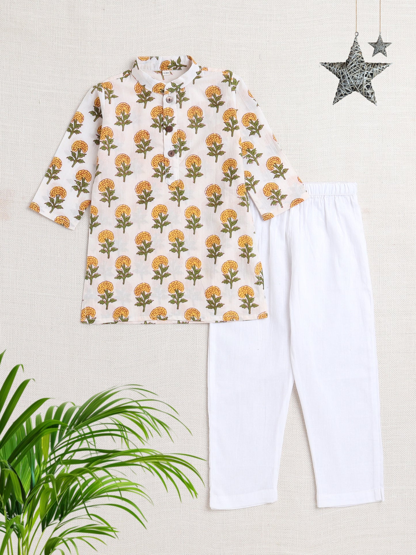 Floral Printed Mandarin Collar Full Sleeves Kurta And Pant Set-Yellow