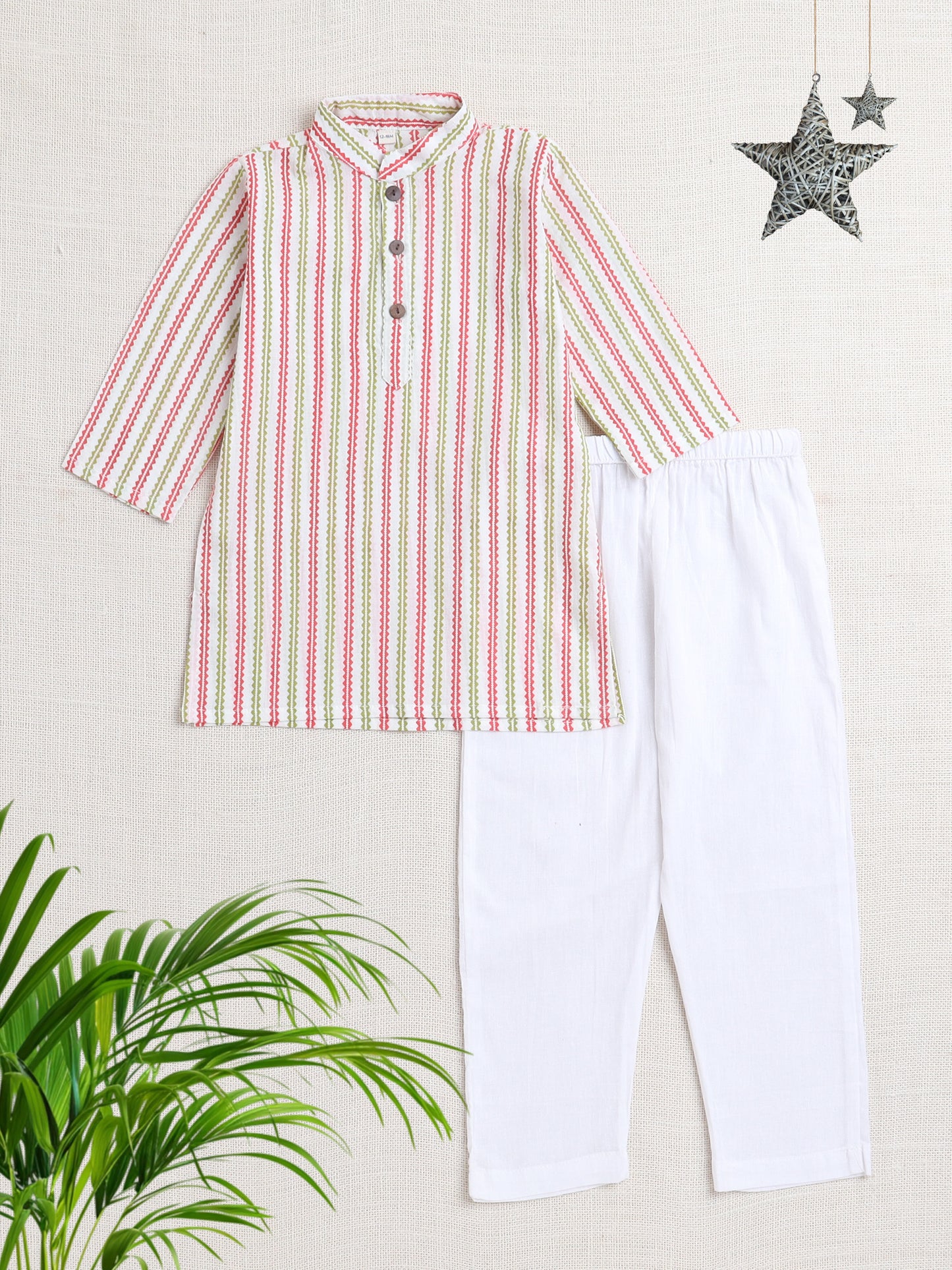 Stripes Printed Mandarin Collar Full Sleeves Kurta And Pant Set-Peach