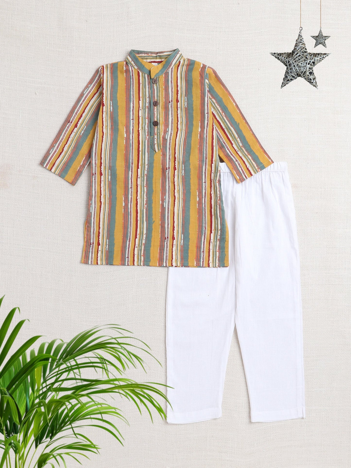 The Magic Wand Stripes Printed Mandarin Collar Full Sleeves Kurta And Pant Set-Yellow