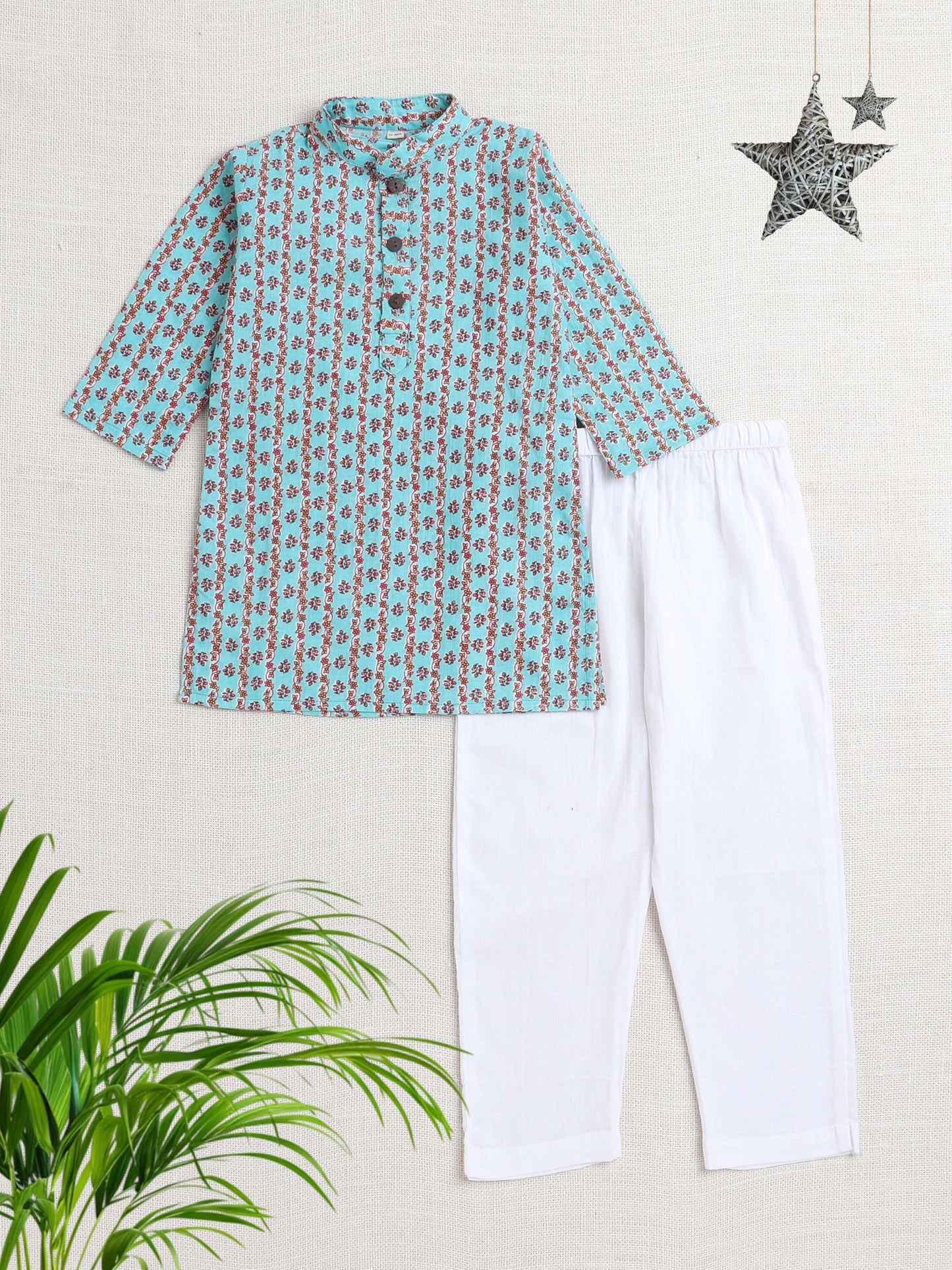 Floral Printed Mandarin Collar Full Sleeves Kurta And Pant Set-Teal Blue