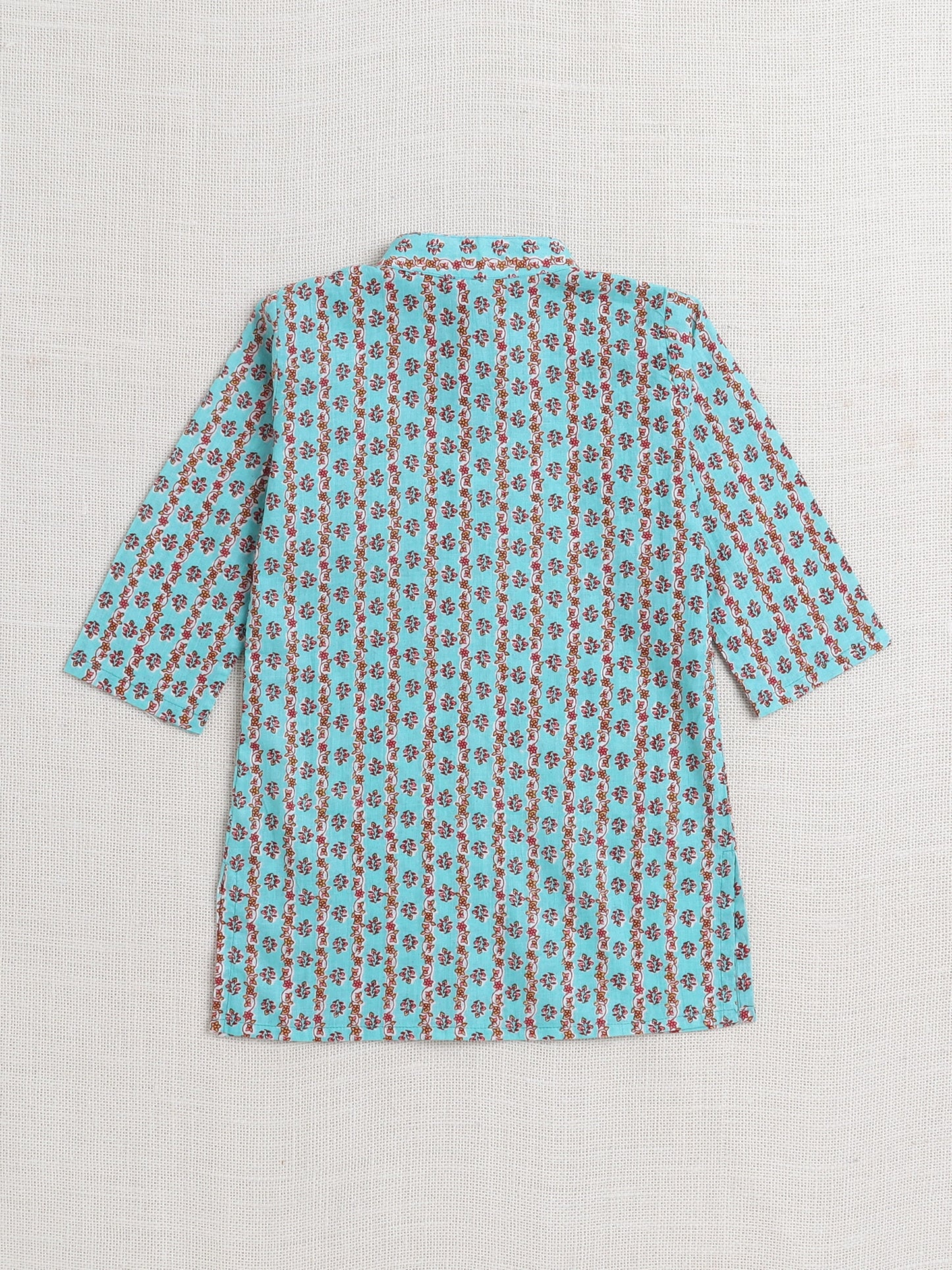 Floral Printed Mandarin Collar Full Sleeves Kurta And Pant Set-Teal Blue