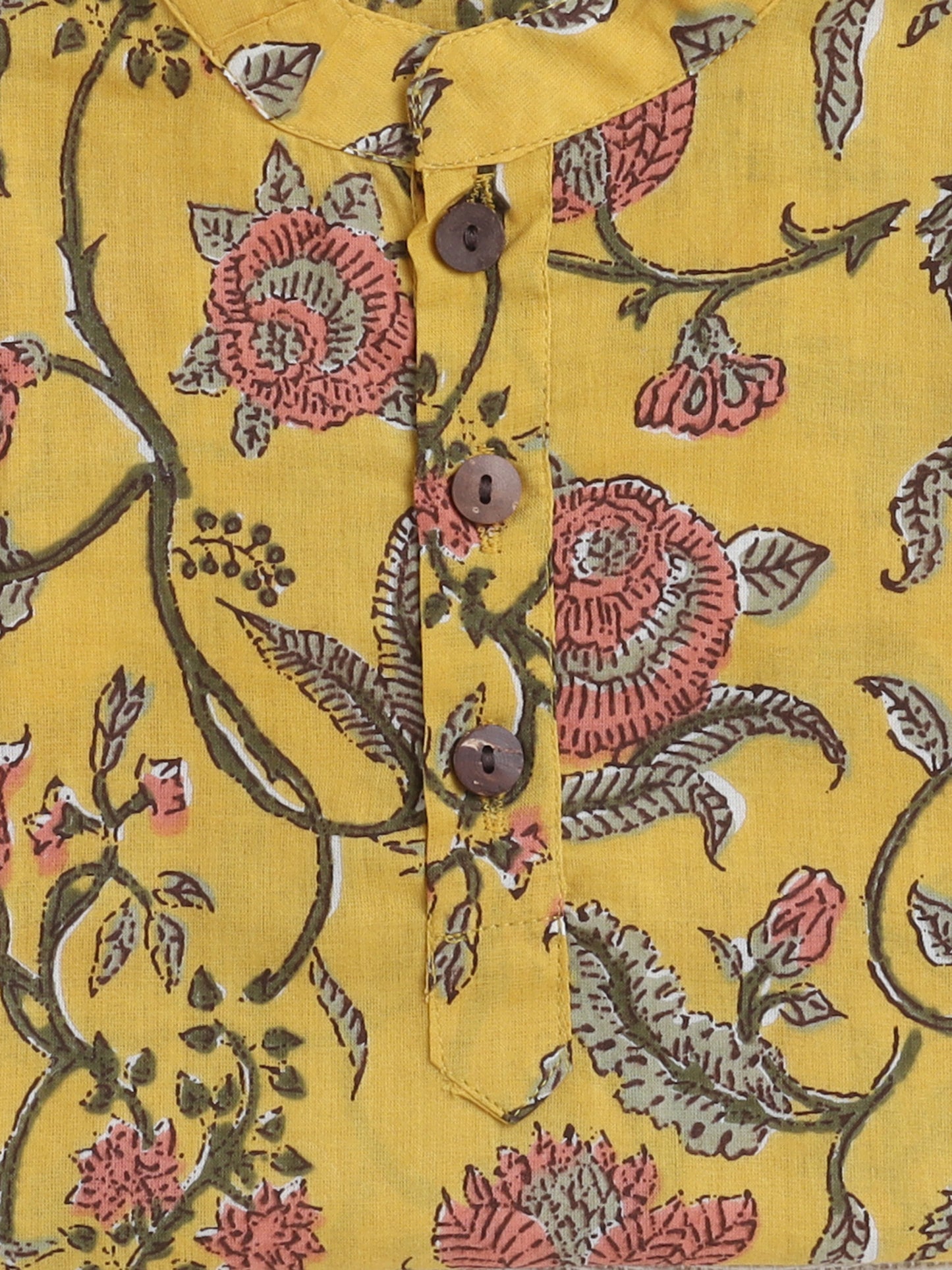 Cotton Floral Printed Mandarin Collar Full Sleeves Kurta With Pyjama set-Yellow