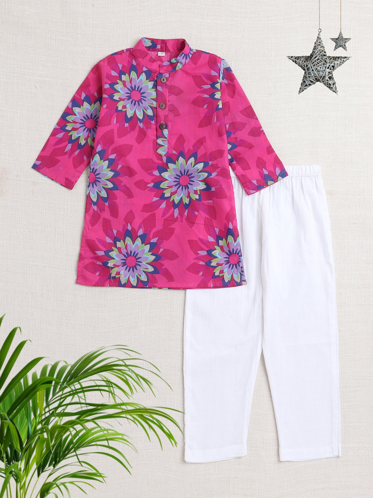 Floral Printed Mandarin Collar Full Sleeves Kurta And Pant Set-Fuchsia