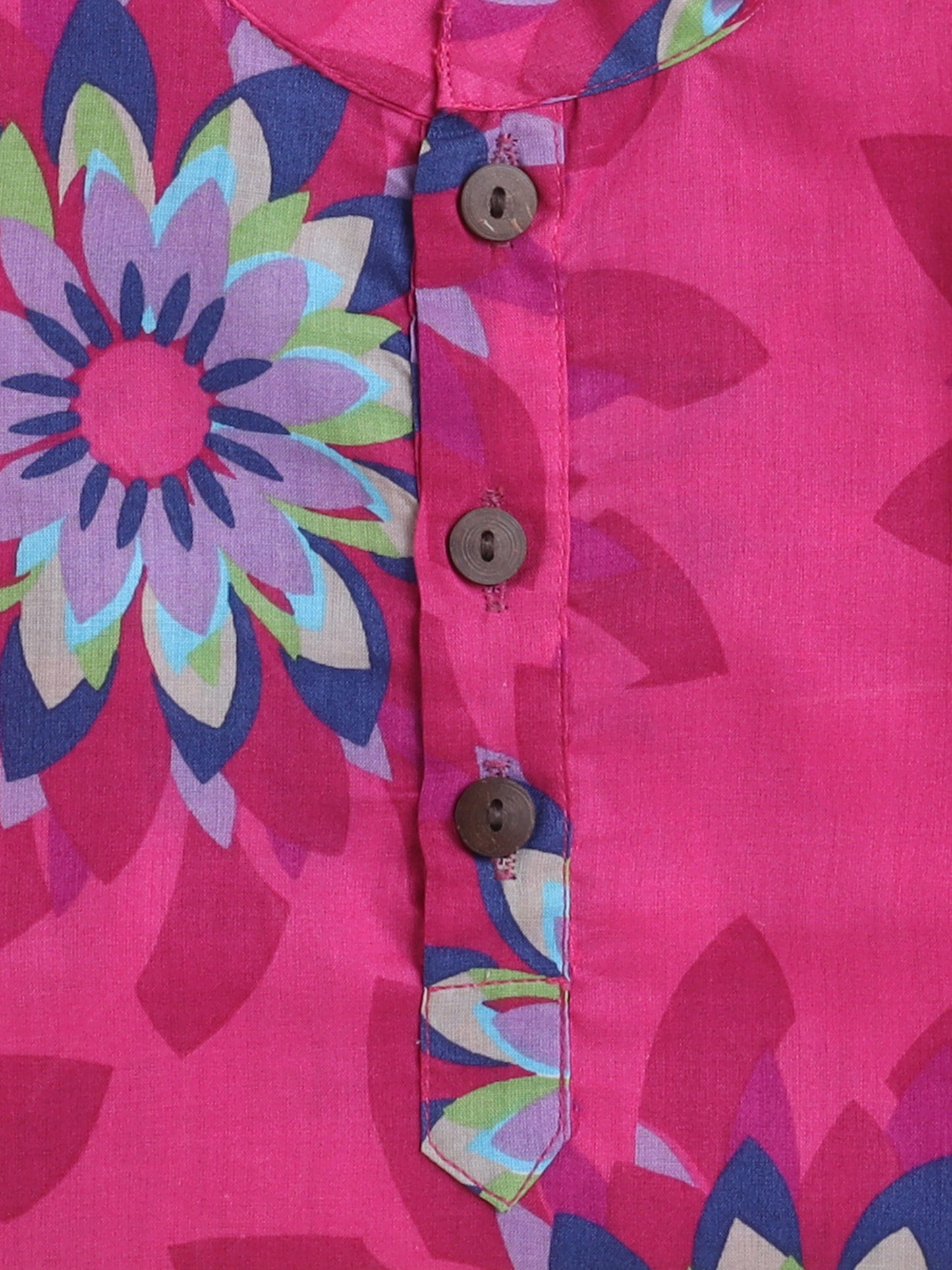 Floral Printed Mandarin Collar Full Sleeves Kurta And Pant Set-Fuchsia