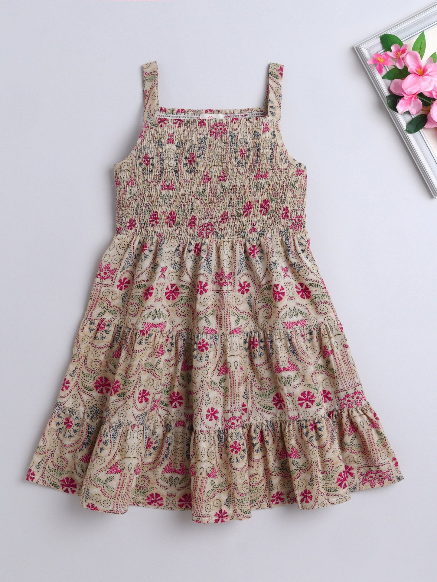 The Magic Wand Strappy All over Printed Smocked Cotton Dress - Beige