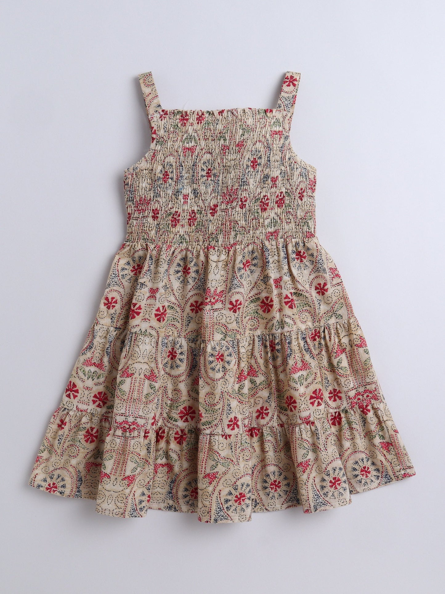 The Magic Wand Strappy All over Printed Smocked Cotton Dress - Beige