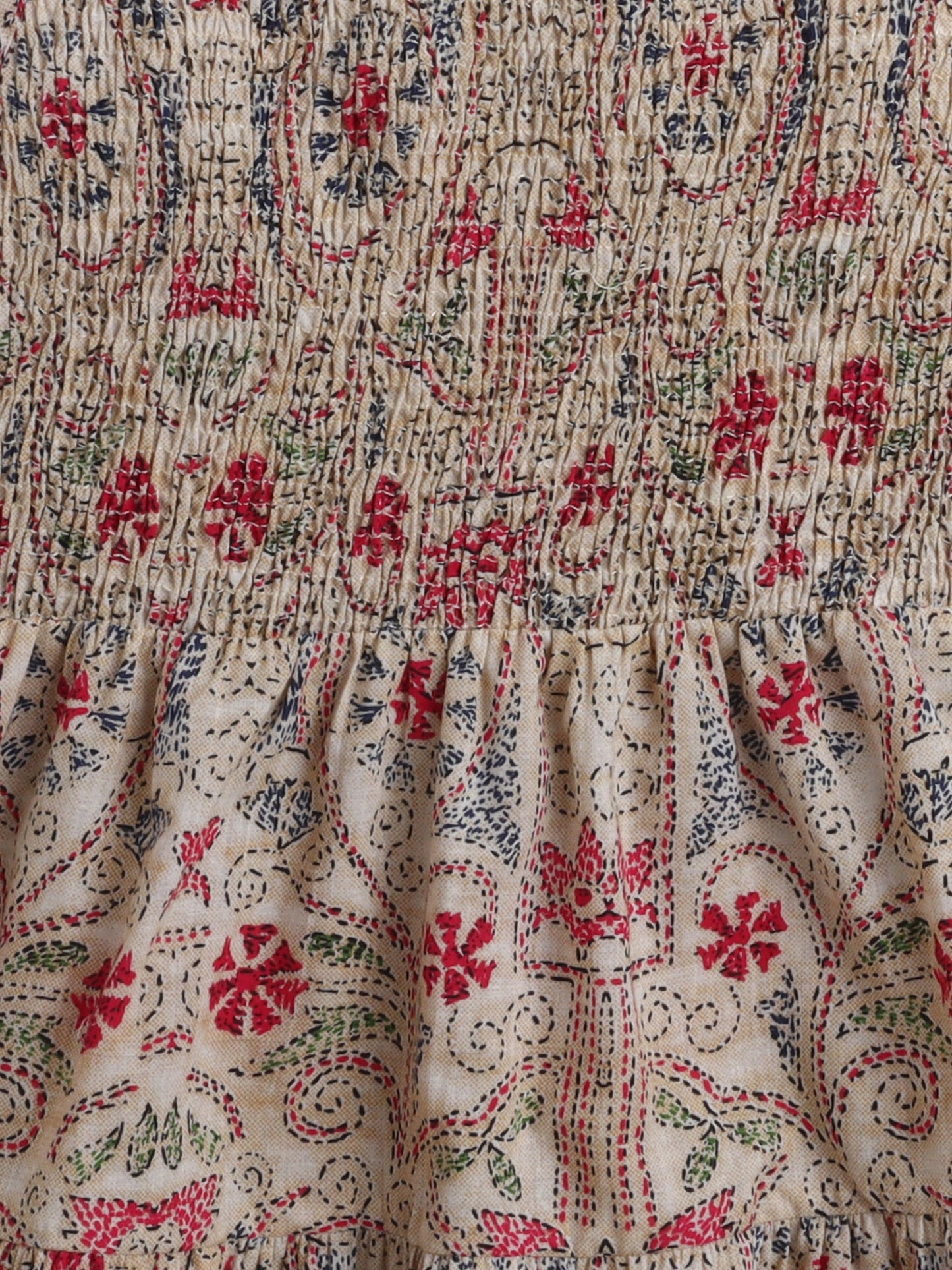The Magic Wand Strappy All over Printed Smocked Cotton Dress - Beige