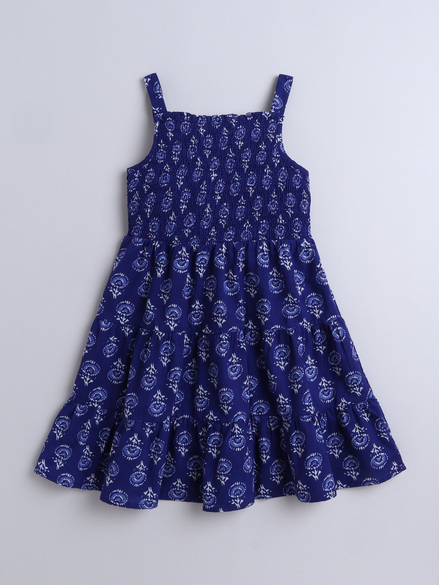The Magic Wand Strappy Butti Printed Smocked Cotton Dress - Blue