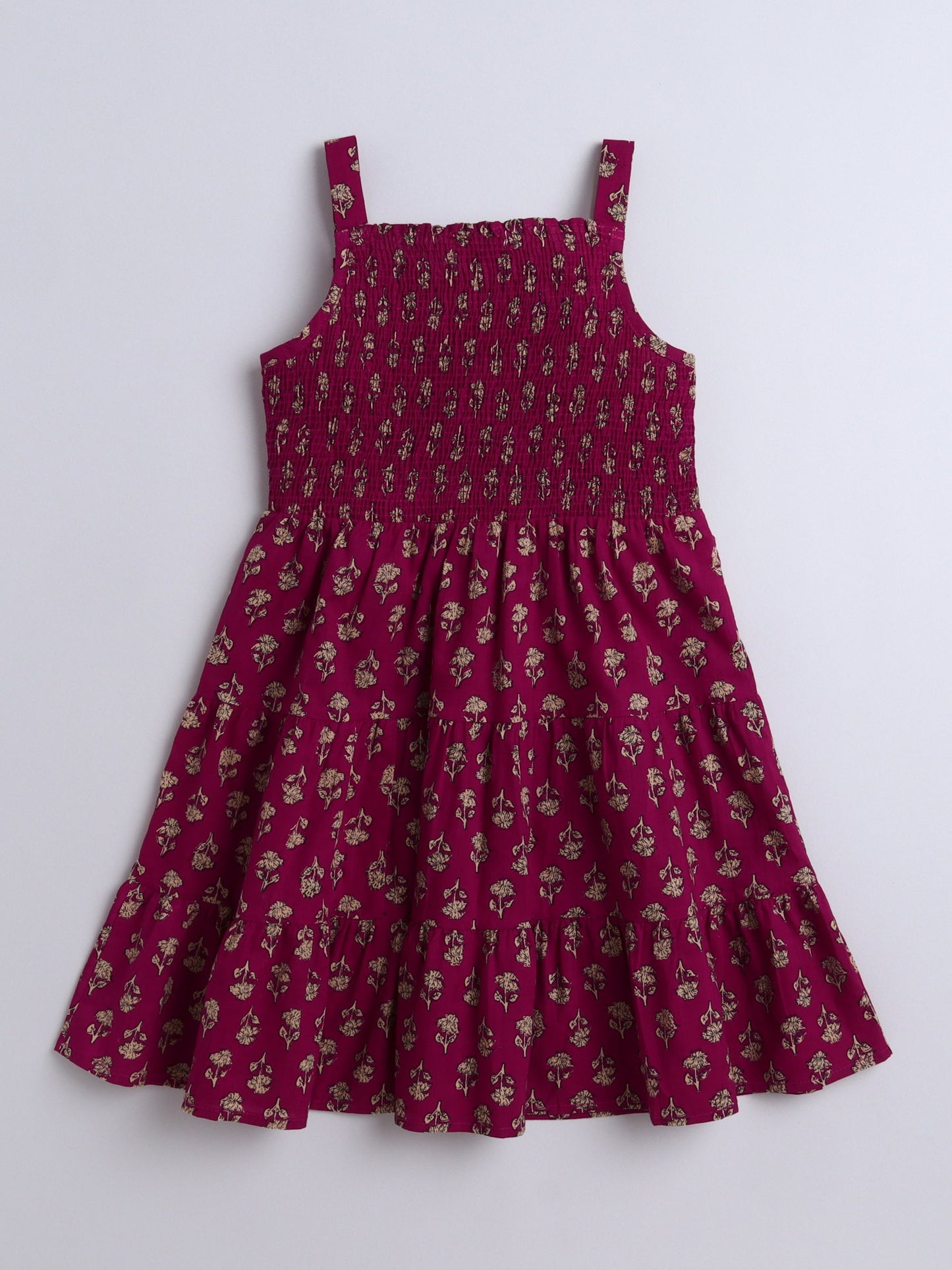 The Magic Wand Strappy Butti Printed Smocked Cotton Dress Wine
