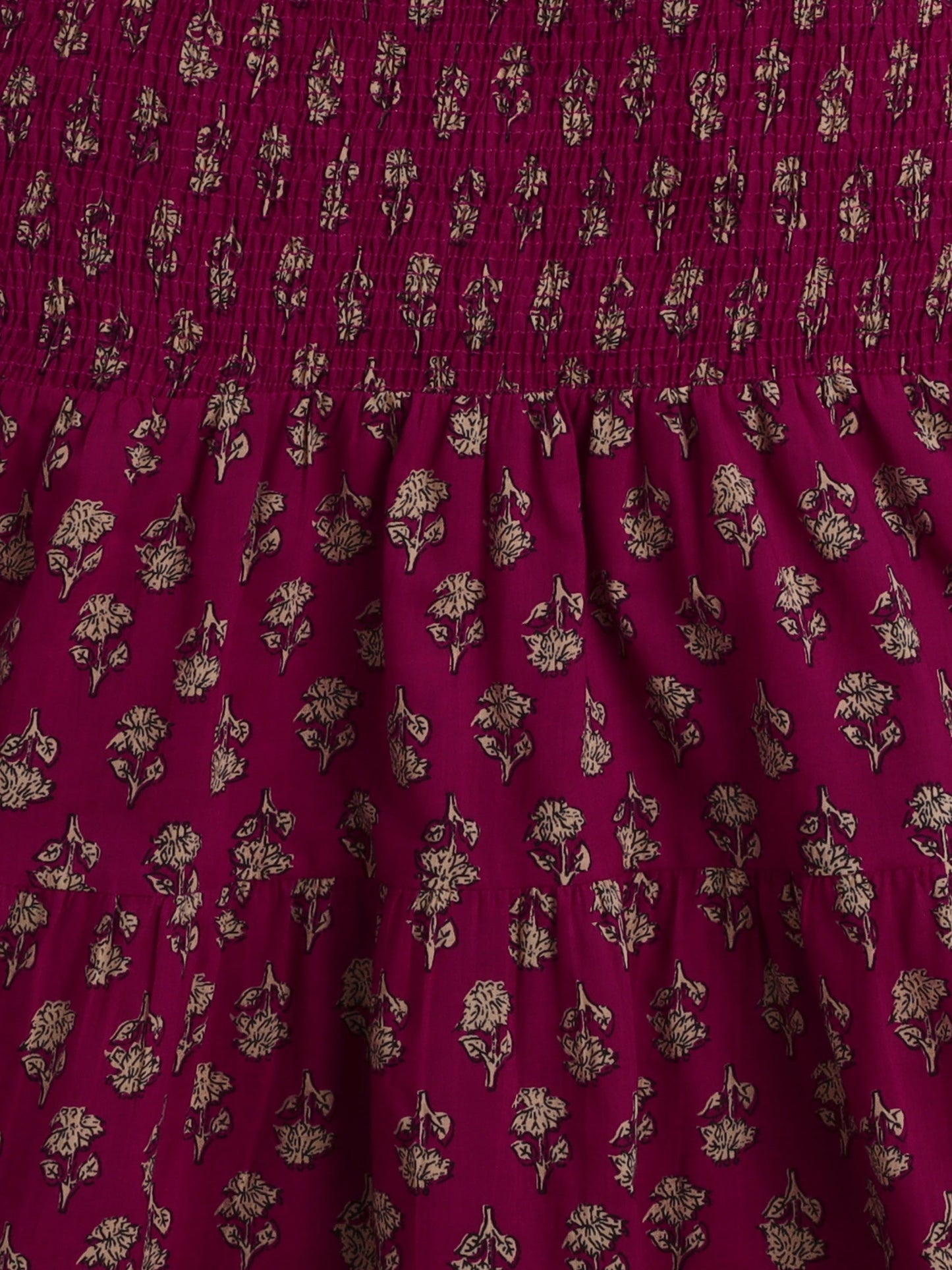 The Magic Wand Strappy Butti Printed Smocked Cotton Dress Wine