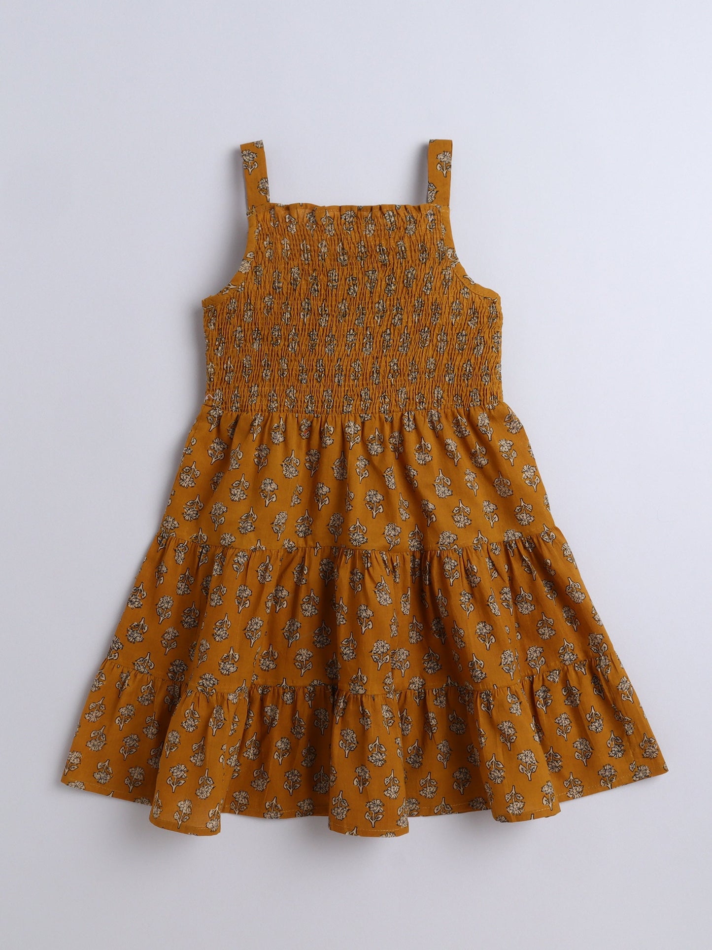 The Magic Wand Strappy Butti Printed Smocked Cotton Dress Mustard