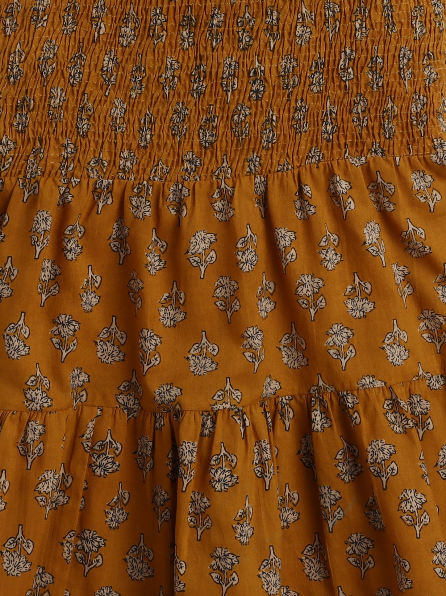 The Magic Wand Strappy Butti Printed Smocked Cotton Dress Mustard