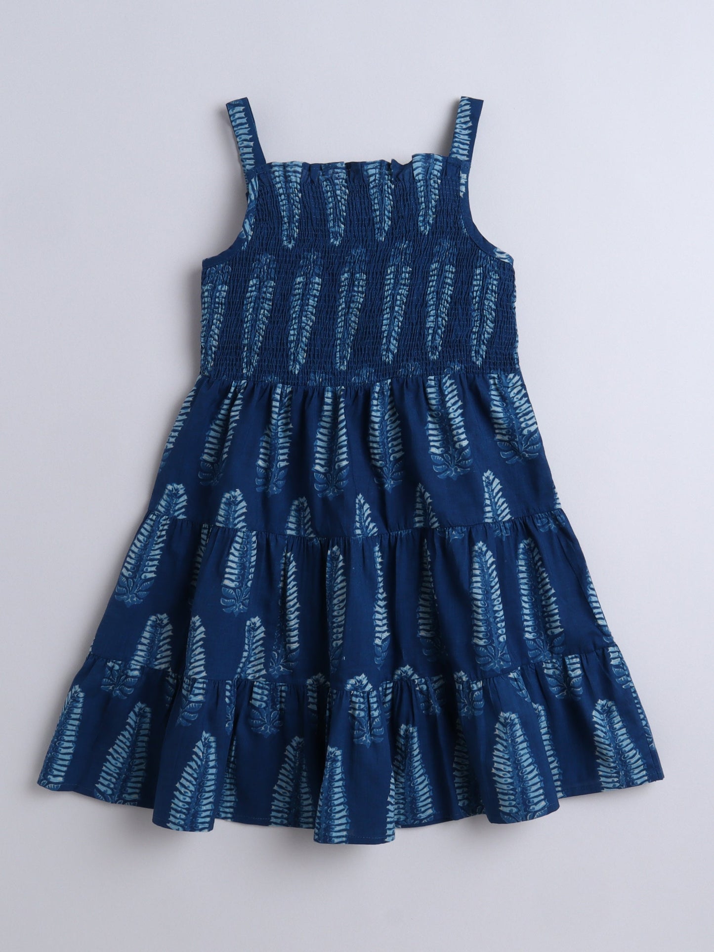 The Magic Wand Strappy Big Butta Printed Smocked Cotton Dress - Indigo Blue