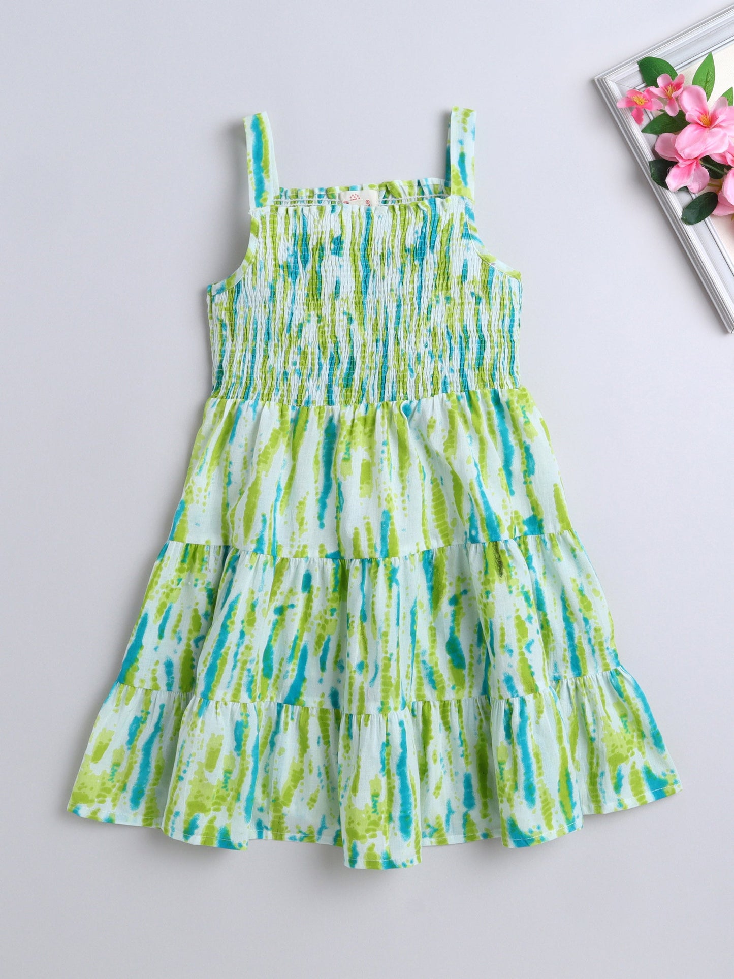 The Magic Wand Strappy Shibori Printed Smocked Cotton Dress - Green