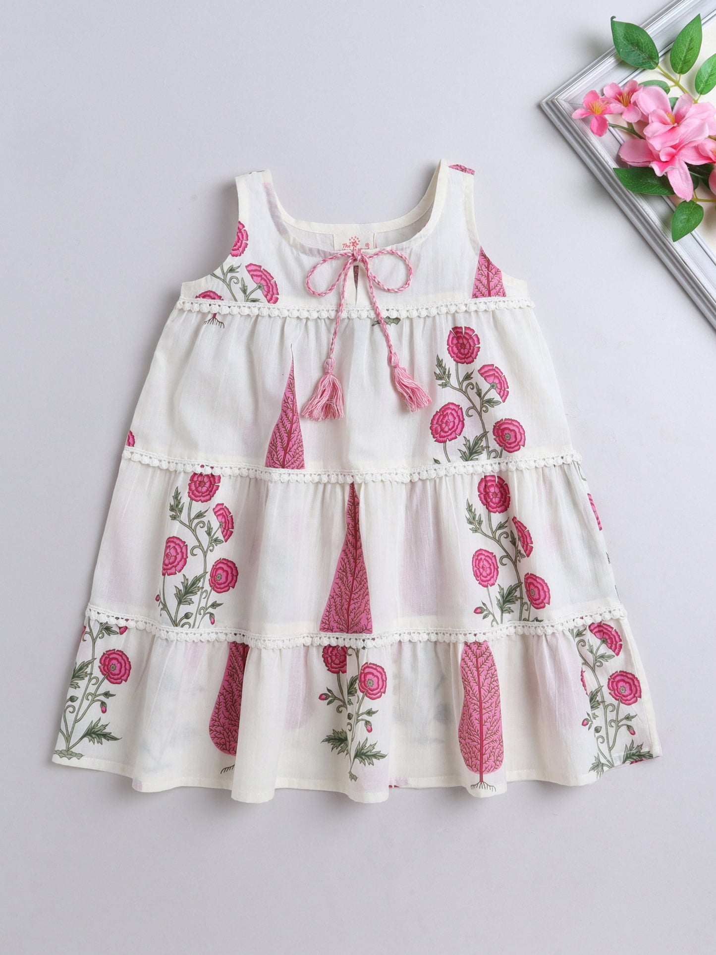 The Magic Wand Cotton Floral Printed Sleeveless Tiered Dress - Pink