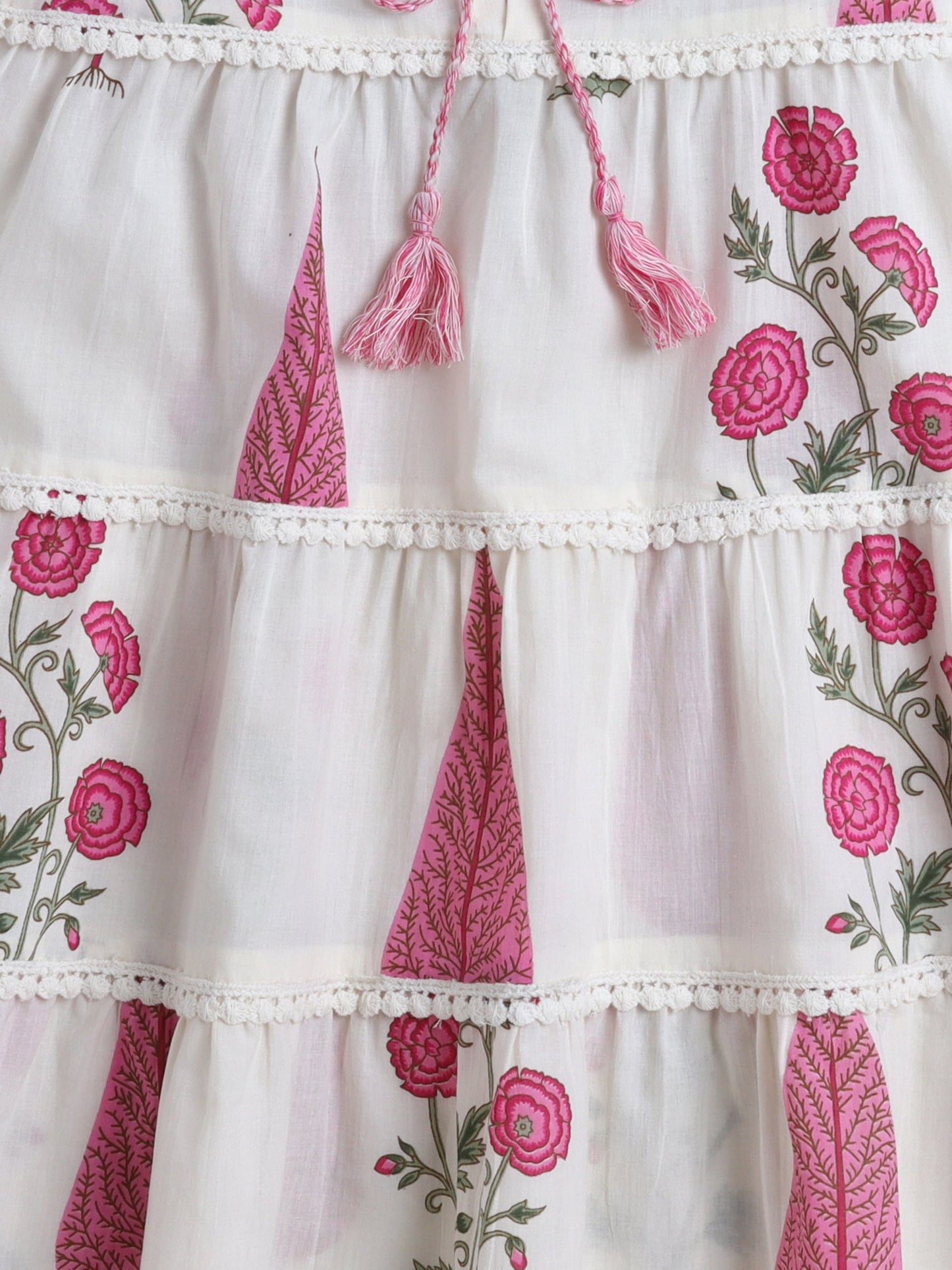Cotton Floral Printed Sleeveless Tiered Dress - Pink