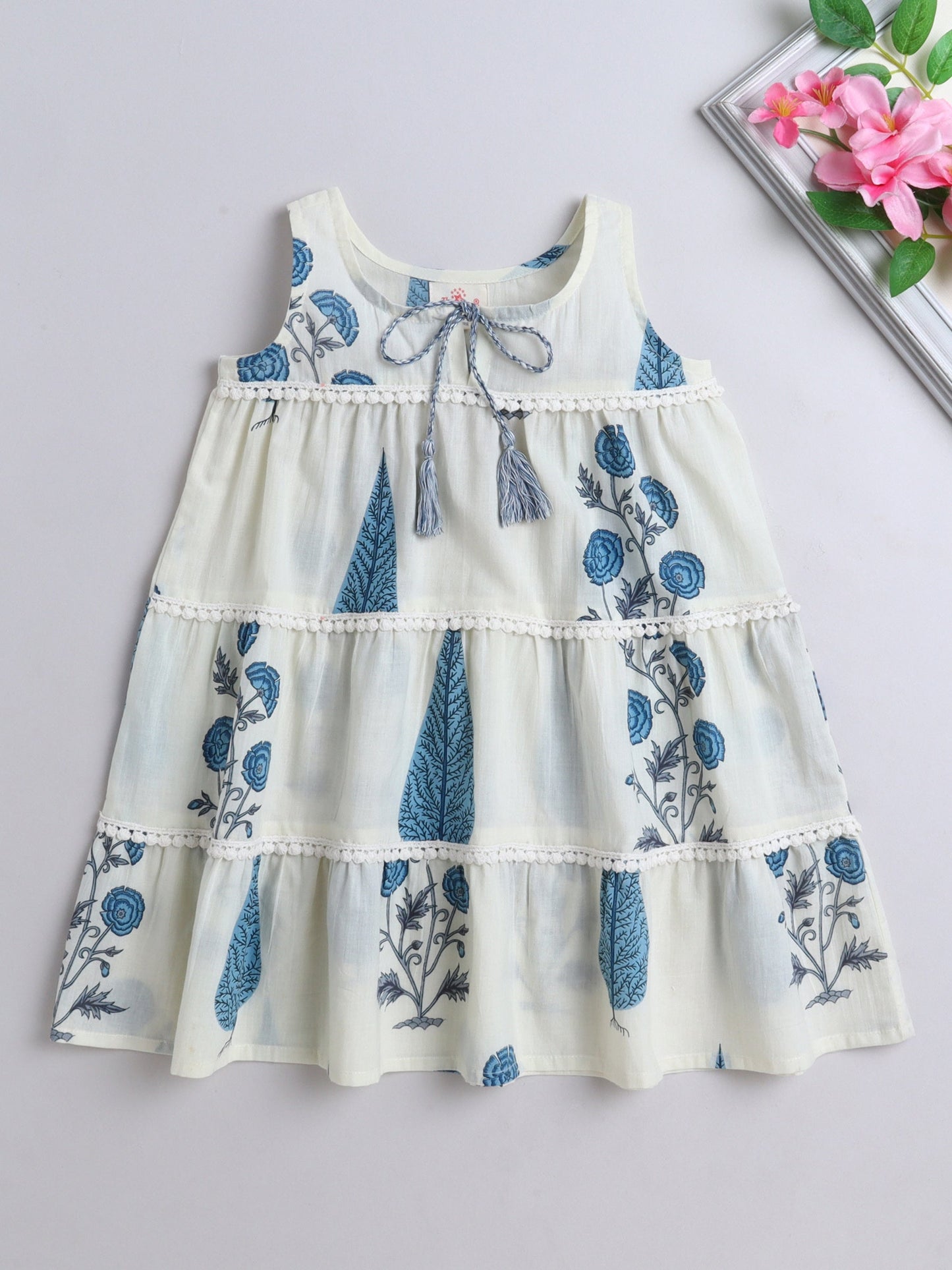 The Magic Wand Cotton Floral Printed Sleeveless Tiered Dress - Blue