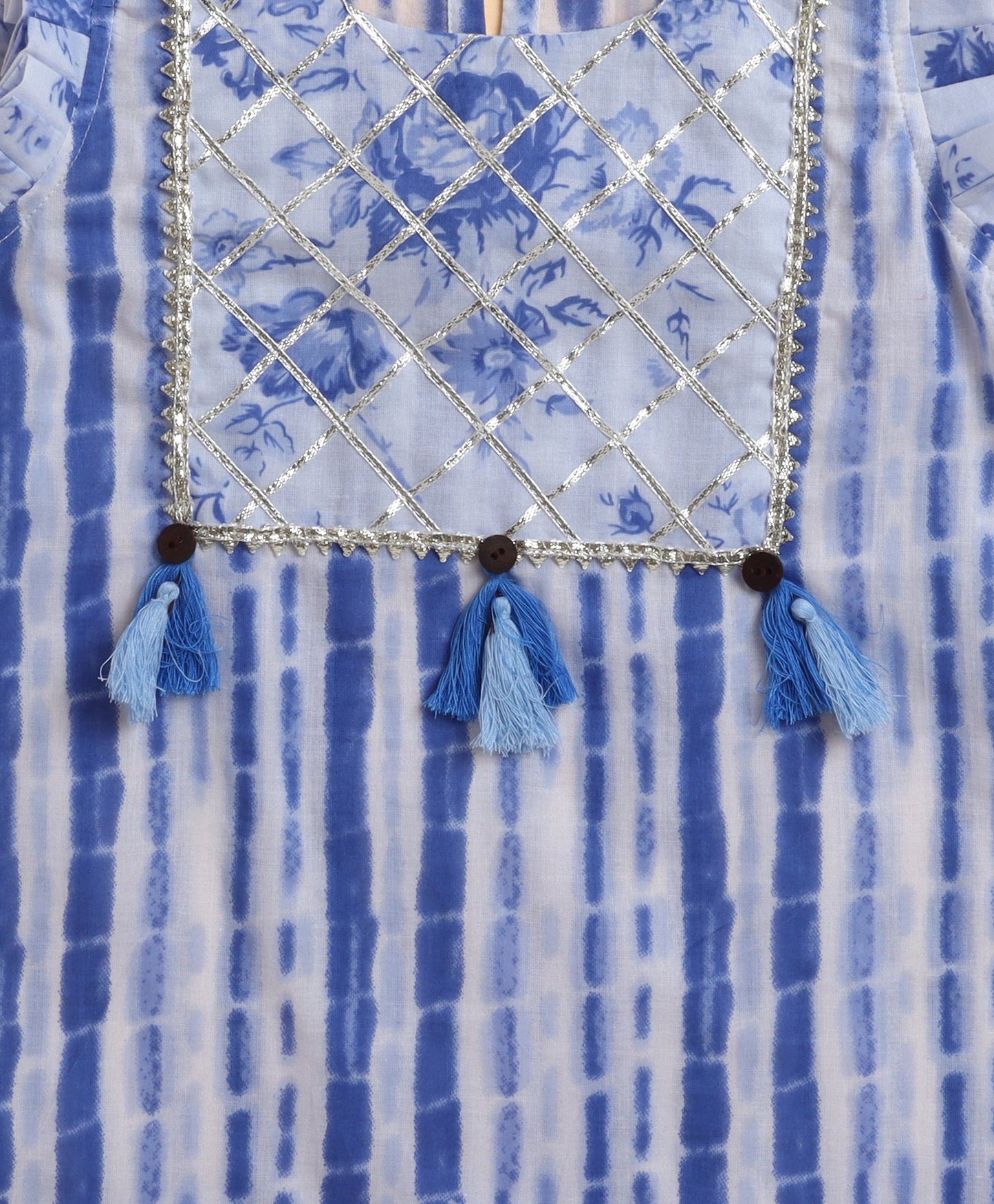 The Magic Wand Cotton woven Cambric Shibori Sleeveless Yoke Kurta and Floral Sharara Dupatta Set - Blue