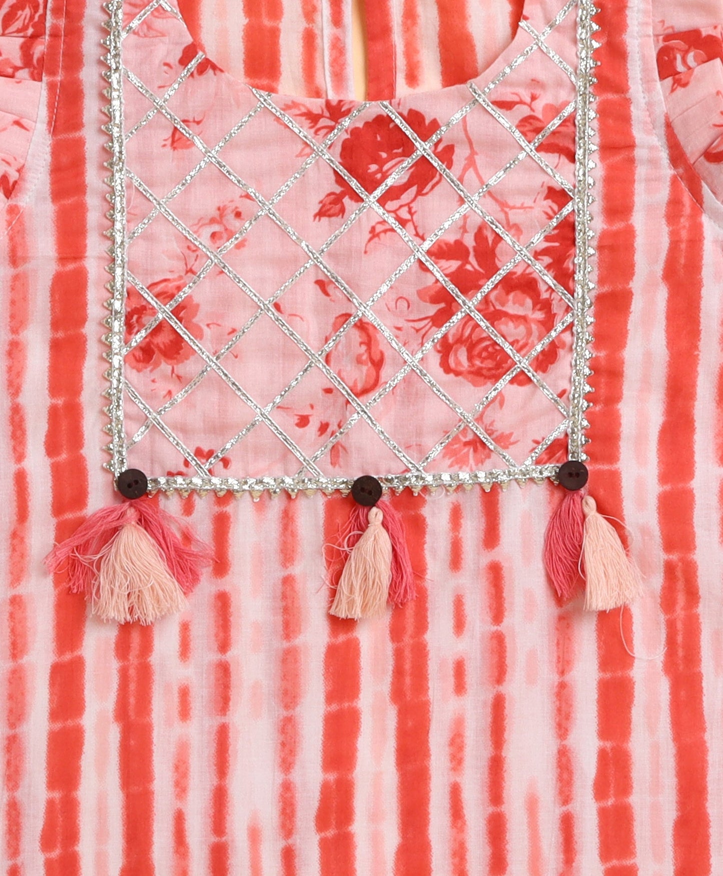 The Magic Wand Cotton woven Cambric Shibori Sleeveless Yoke Kurta and Floral Sharara Dupatta Set - Peach