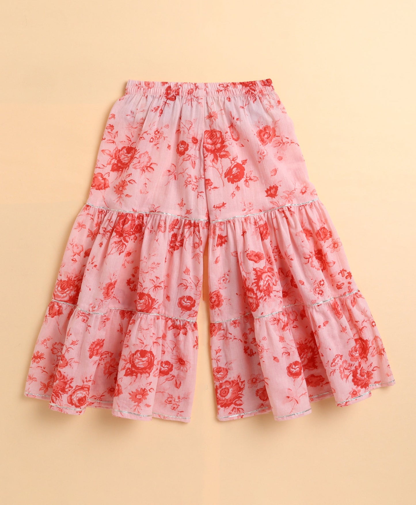 The Magic Wand Cotton woven Cambric Shibori Sleeveless Yoke Kurta and Floral Sharara Dupatta Set - Peach