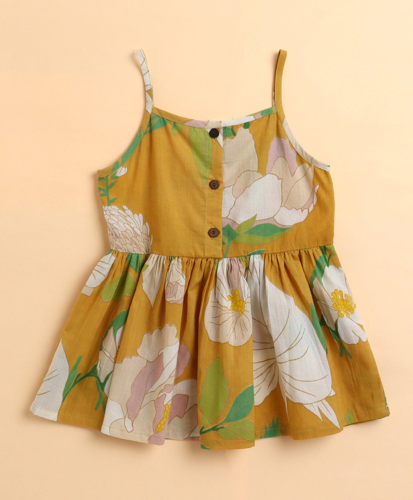 The Magic Wand Cambric Cotton woven Spagetti Big Floral Printed Top Sharara Set- Mustard