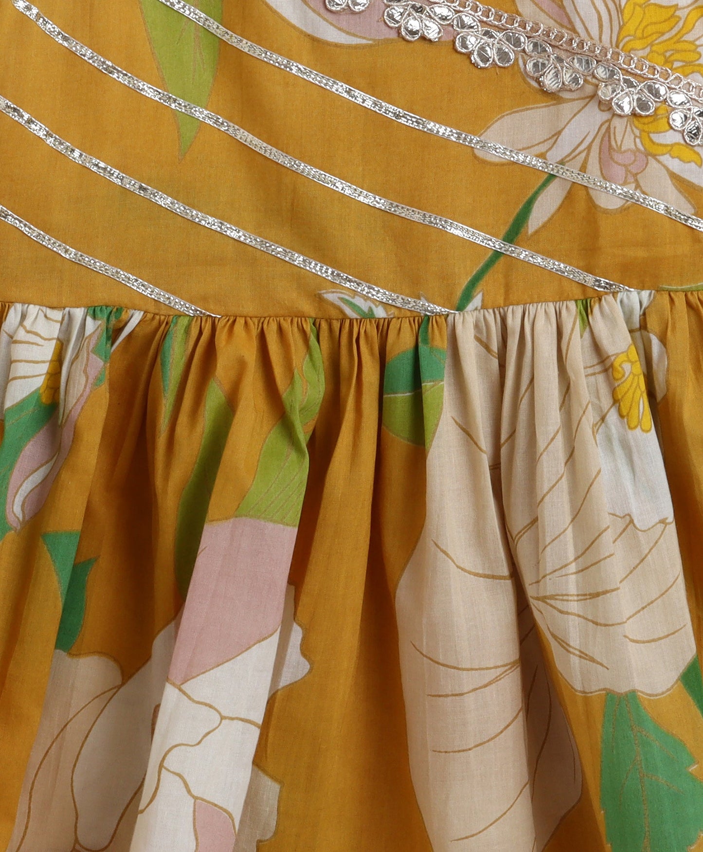 The Magic Wand Cambric Cotton woven Spagetti Big Floral Printed Top Sharara Set- Mustard