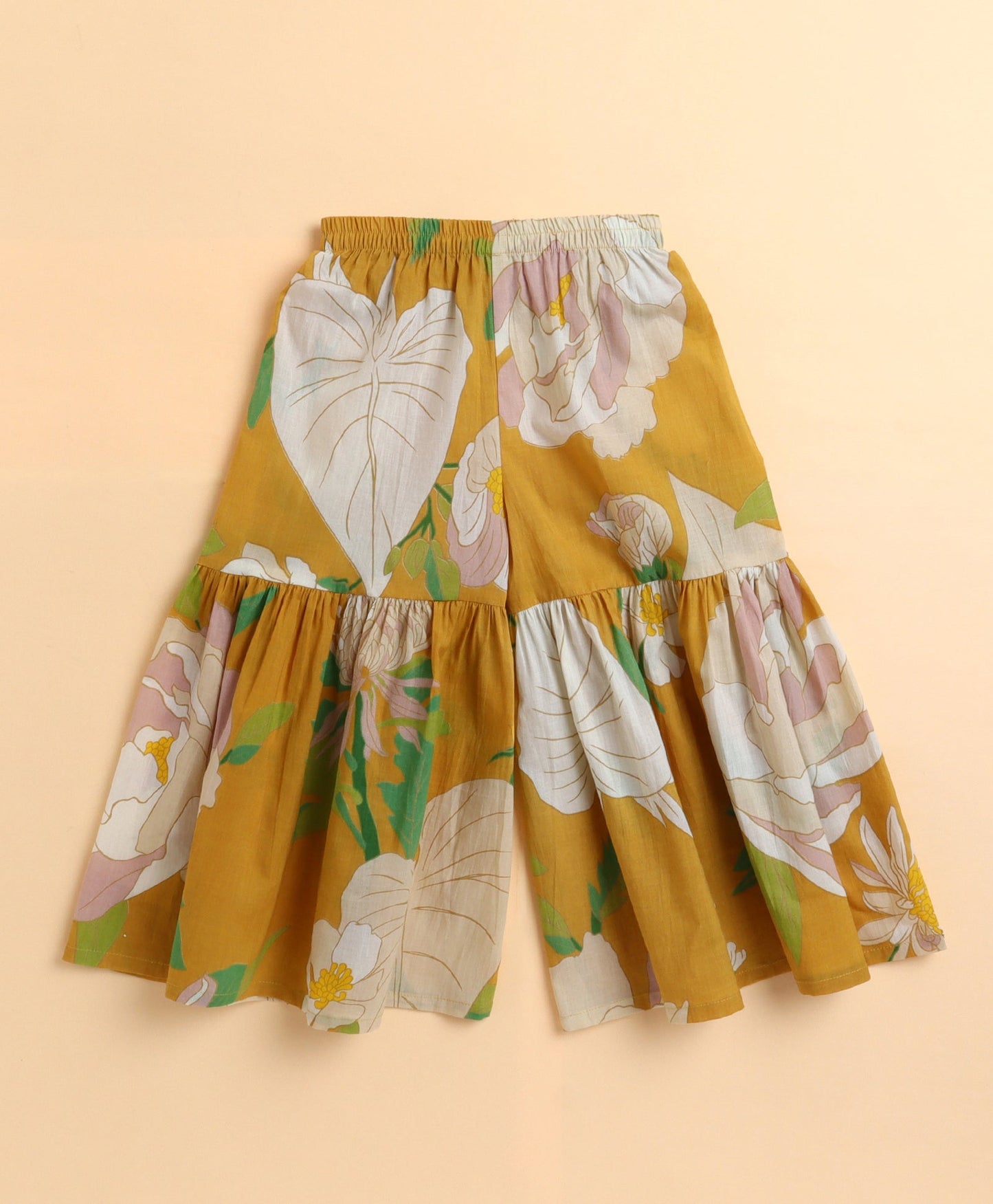 The Magic Wand Cambric Cotton woven Spagetti Big Floral Printed Top Sharara Set- Mustard