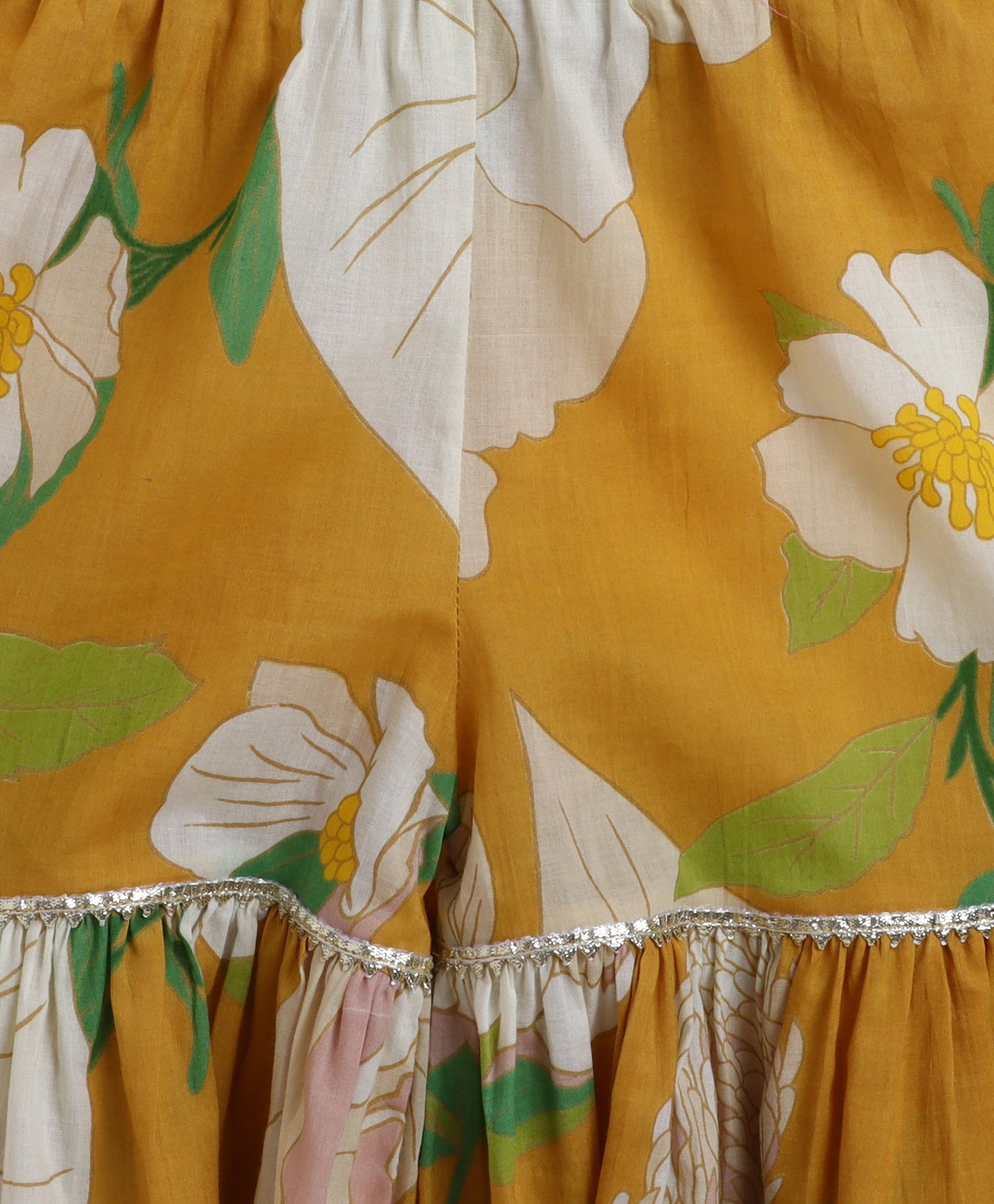 The Magic Wand Cambric Cotton woven Spagetti Big Floral Printed Top Sharara Set- Mustard